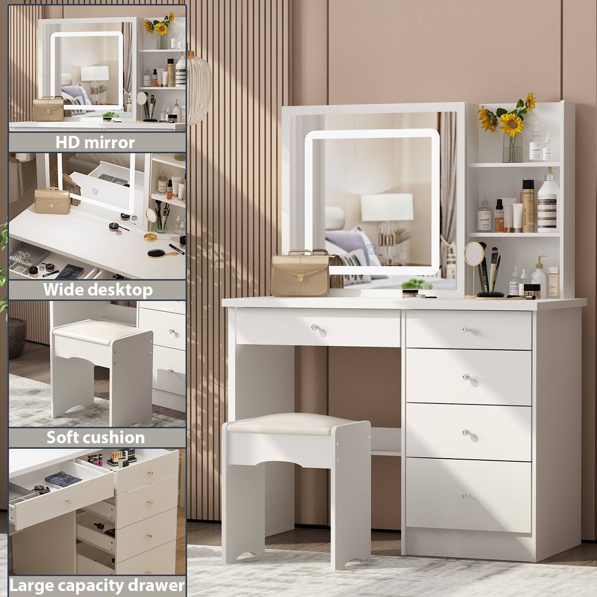 HD mirror  
Wide desktop  
Soft cushion  
Large capacity drawer