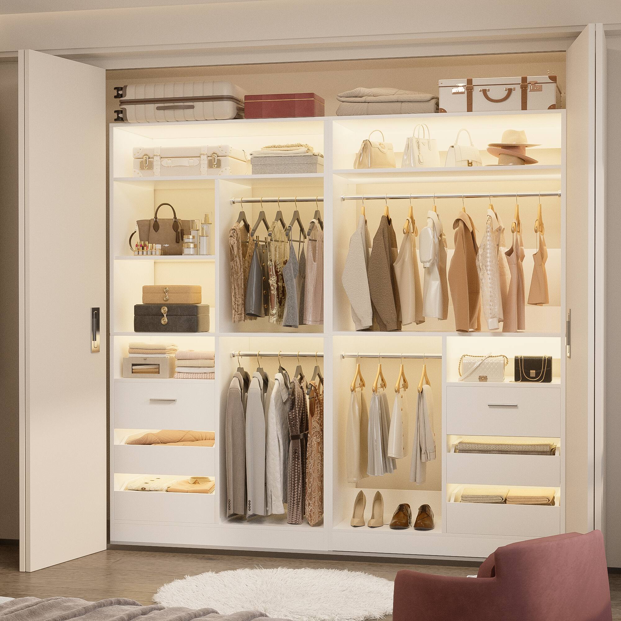 Left. Aheaplus - 2-Set 72" Heavy Duty Walk-in Wardrobe, Closet Organizer with 6 Drawers & 4 Hanging Rods for Home/Garage - White.