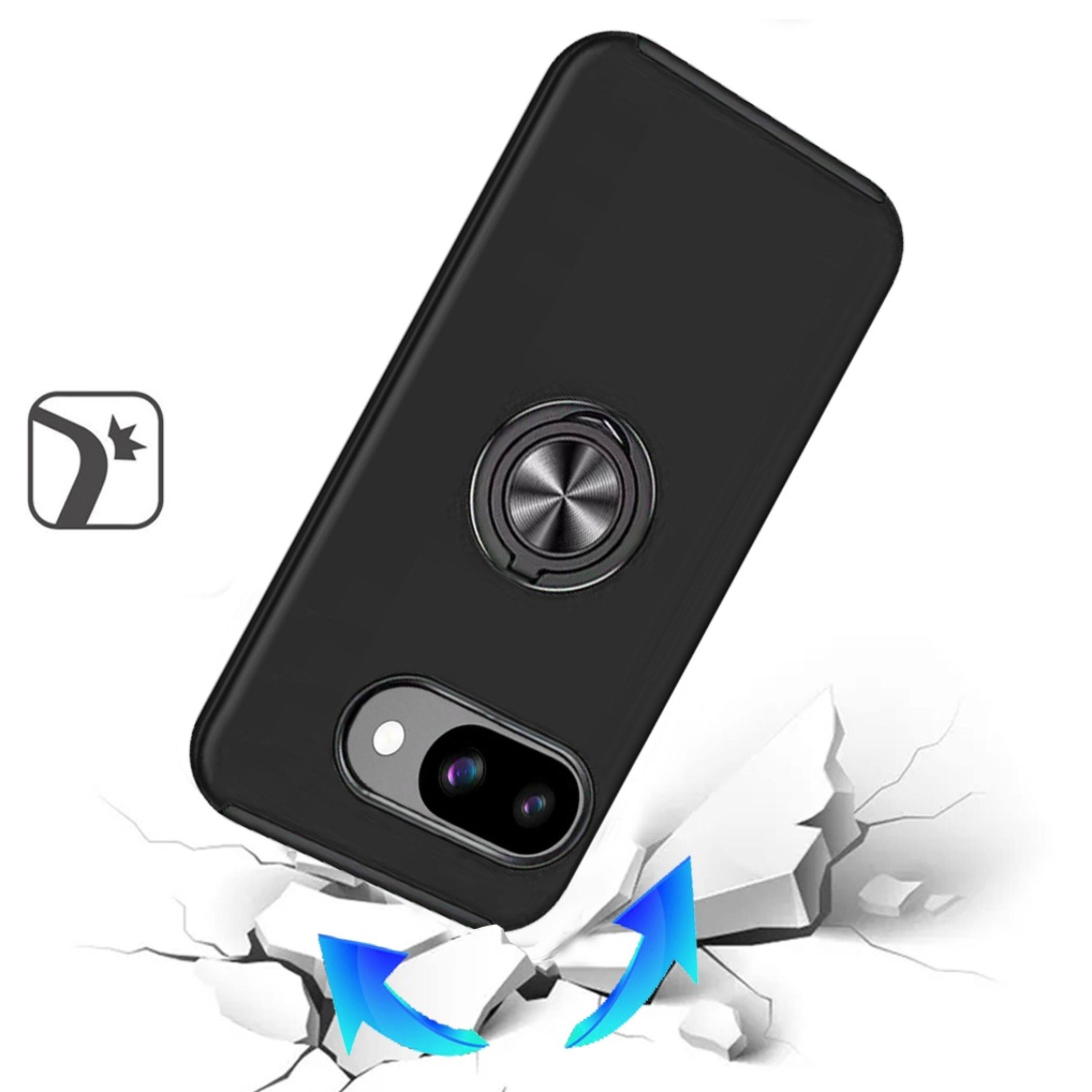Back. Kitcheniva - Rubber Dual Layer Magnetic Ring Stand Phone Case With Tempered Glass For Google Pixel 9a Black - Black.