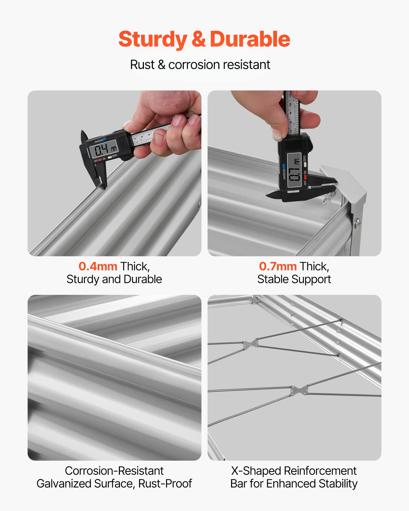 Sturdy & Durable  
Rust & corrosion resistant  

0.4mm Thick, Sturdy and Durable  
0.7mm Thick, Stable Support  
Corrosion-Resistant Galvanized Surface, Rust-Proof  
X-Shaped Reinforcement Bar for Enhanced Stability