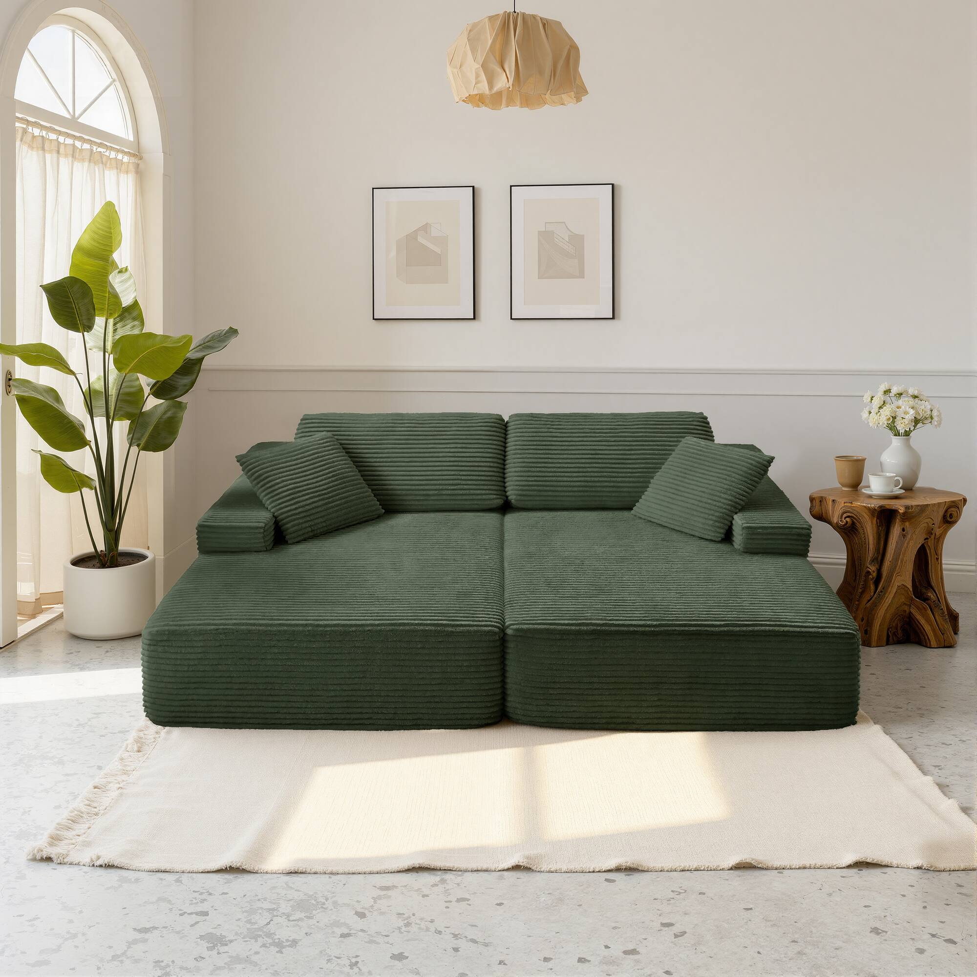 Alt View 2. Meqiodas - Oversized Double Lounge Chaise,Cloud Plush Sofa Bed,Modern Corduroy Upholstered Boneless Cloud Sofa Deep Seat - Green.
