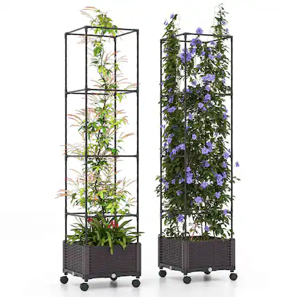 Front. Costway - 2 PCS 67" Planter Raised Garden Bed with Planter Box &Trellis Adjustable Height - Black.