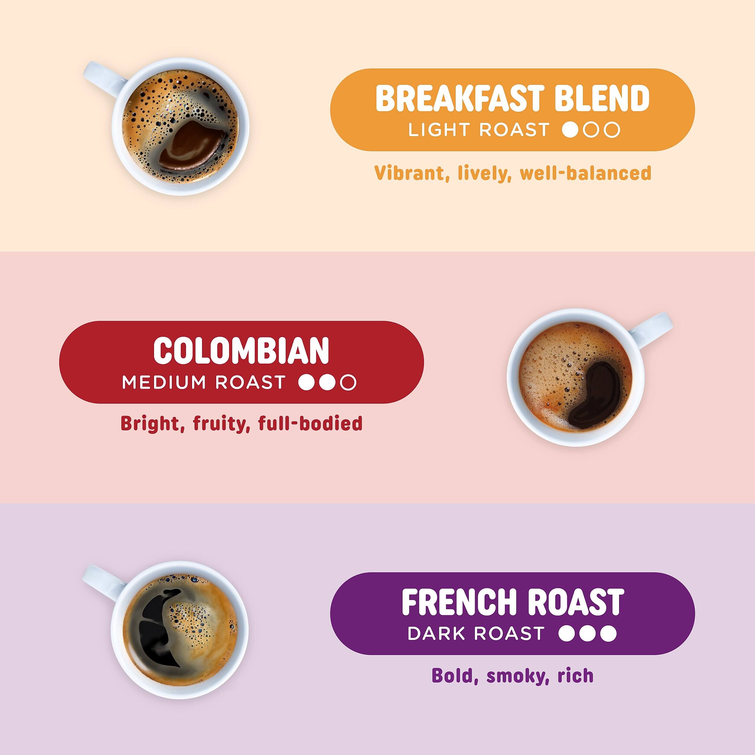 BREAKFAST BLEND LIGHT ROAST  
Vibrant, lively, well-balanced  

COLOMBIAN MEDIUM ROAST  
Bright, fruity, full-bodied  

FRENCH ROAST DARK ROAST  
Bold, smoky, rich