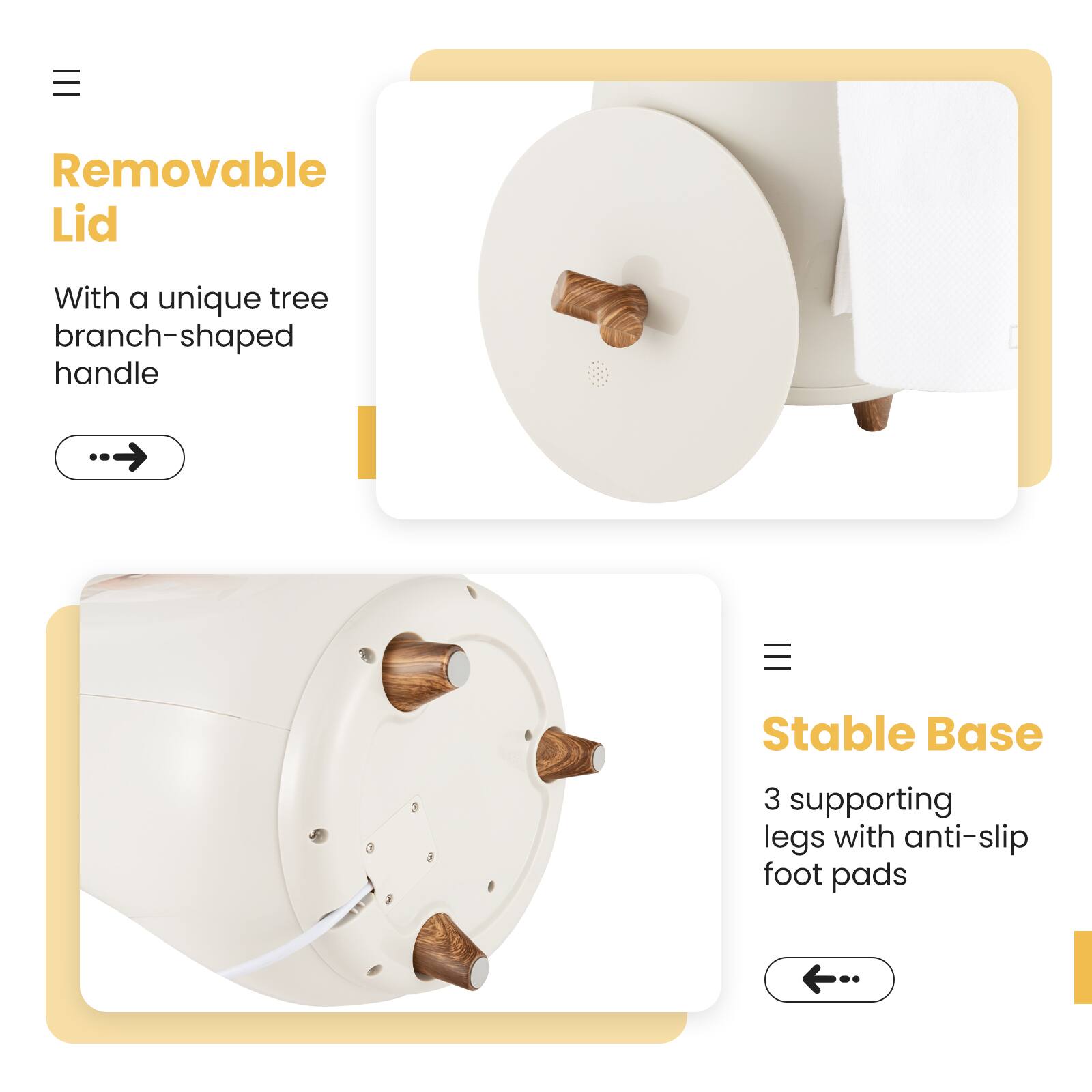 Removable Lid: With a unique tree branch-shaped handle.
Stable Base: 3 supporting legs with anti-slip foot pads.