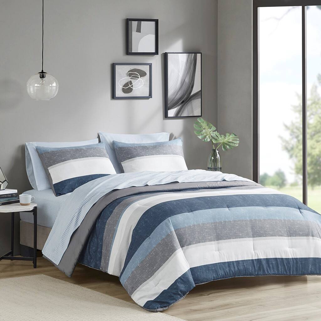 Alt View 1. Gracie Mills - Gracie Mills Ware Striped Comforter Set with Bed Sheets - Blue/Grey.