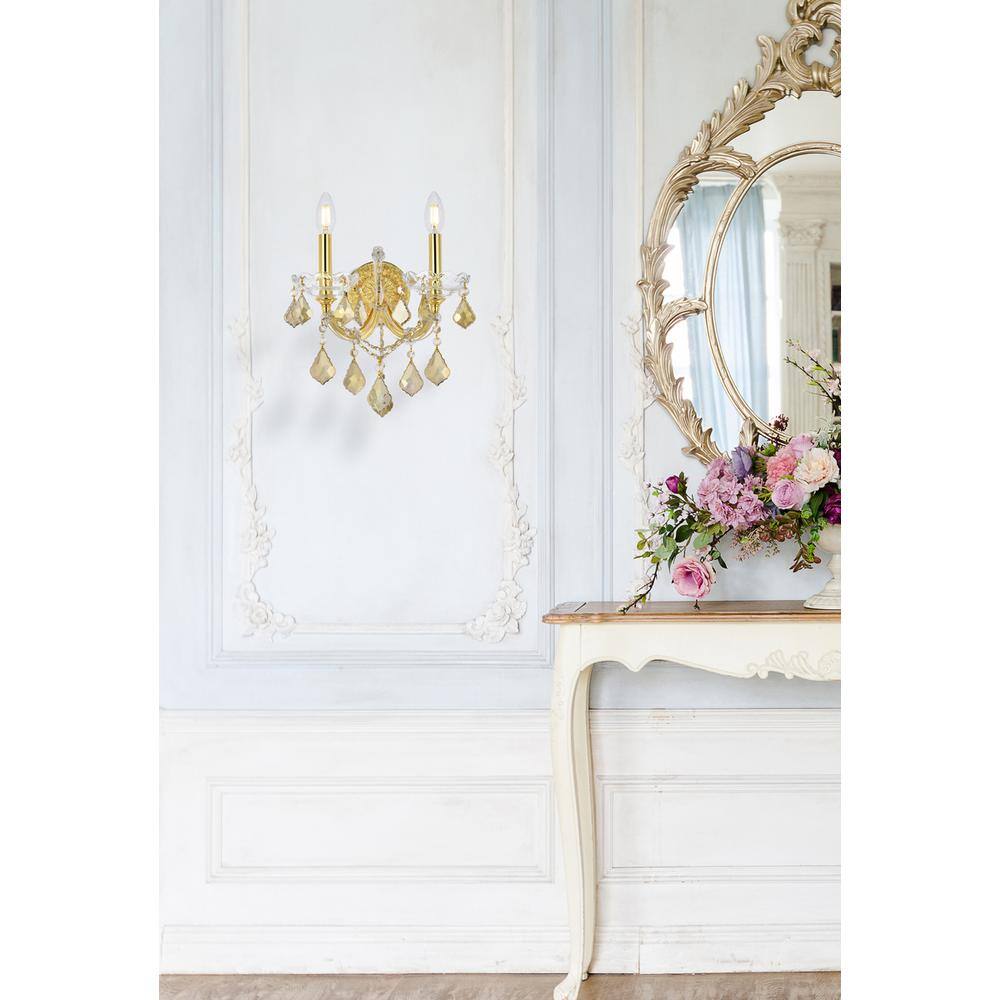 Angle. Elegant Lighting - Maria Theresa 2 light Gold Wall Sconce Golden Teak (Smoky) Royal Cut Crystal - Gold.