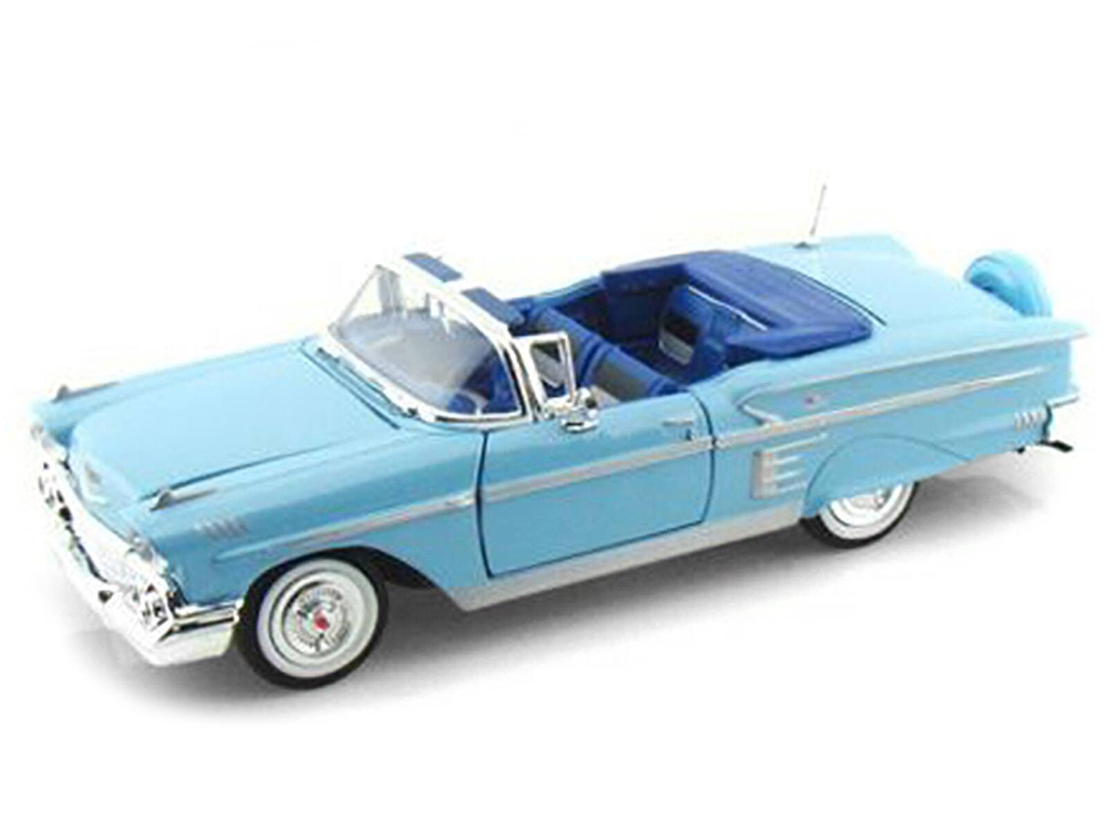 Alt View 1. Motormax - 1958 Chevrolet Impala Convertible Blue 1/24 Diecast Model Car by Motormax.