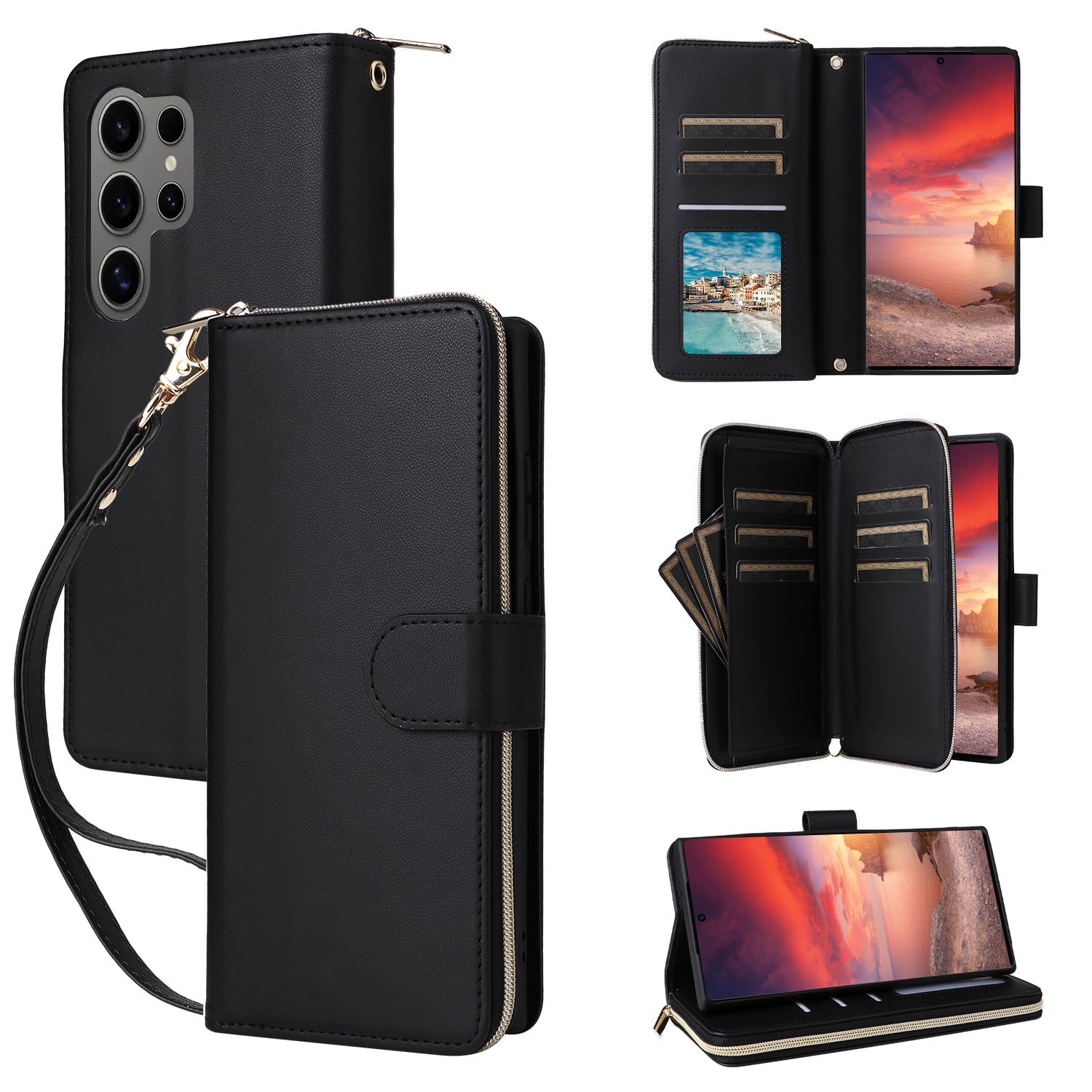 Dteck - Crossbody Wallet Case for Samsung Galaxy S25 Ultra, Shockproof Zipper Pocket PU Leather Folio Cover with 9 Card Slots - Black