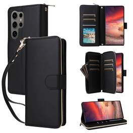 Dteck - Crossbody Wallet Case for Samsung Galaxy S25 Ultra, Shockproof Zipper Pocket PU Leather Folio Cover with 9 Card Slots - Black