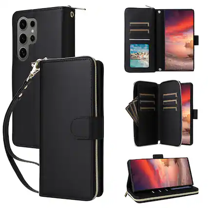 Front. Dteck - Crossbody Wallet Case for Samsung Galaxy S25 Ultra, Shockproof Zipper Pocket PU Leather Folio Cover with 9 Card Slots - Black.