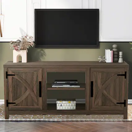 Front. Ihomeadore - 58" Farmhouse TV Stand with Open Storage Shelves and Cabinets for TV up to 65" - Brown.