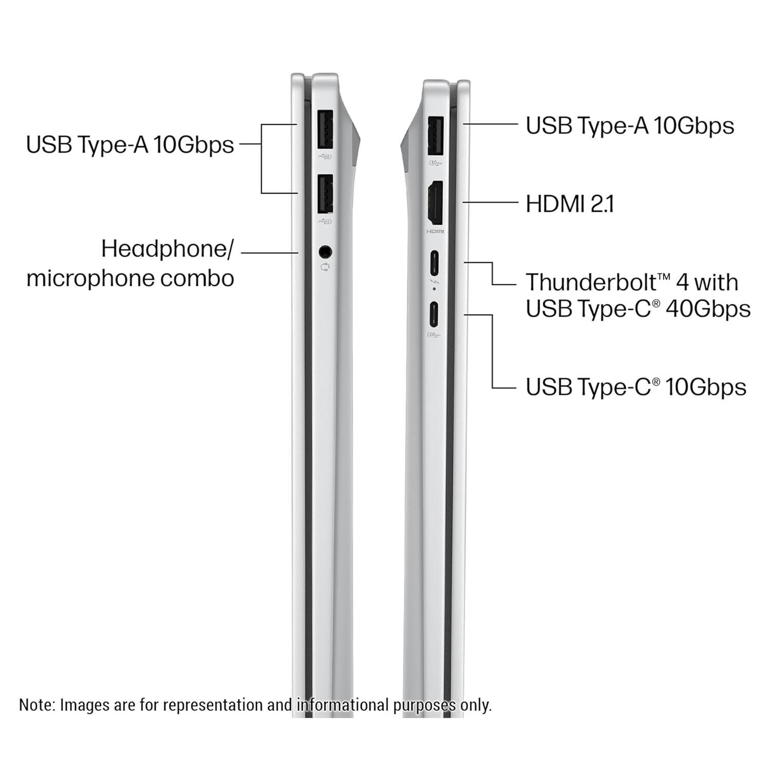 USB Type-A 10Gbps  
Headphone/microphone combo  

USB Type-A 10Gbps  
HDMI 2.1  
Thunderbolt™ 4 with USB Type-C® 40Gbps  
USB Type-C® 10Gbps  

Note: Images are for representation and informational purposes only.