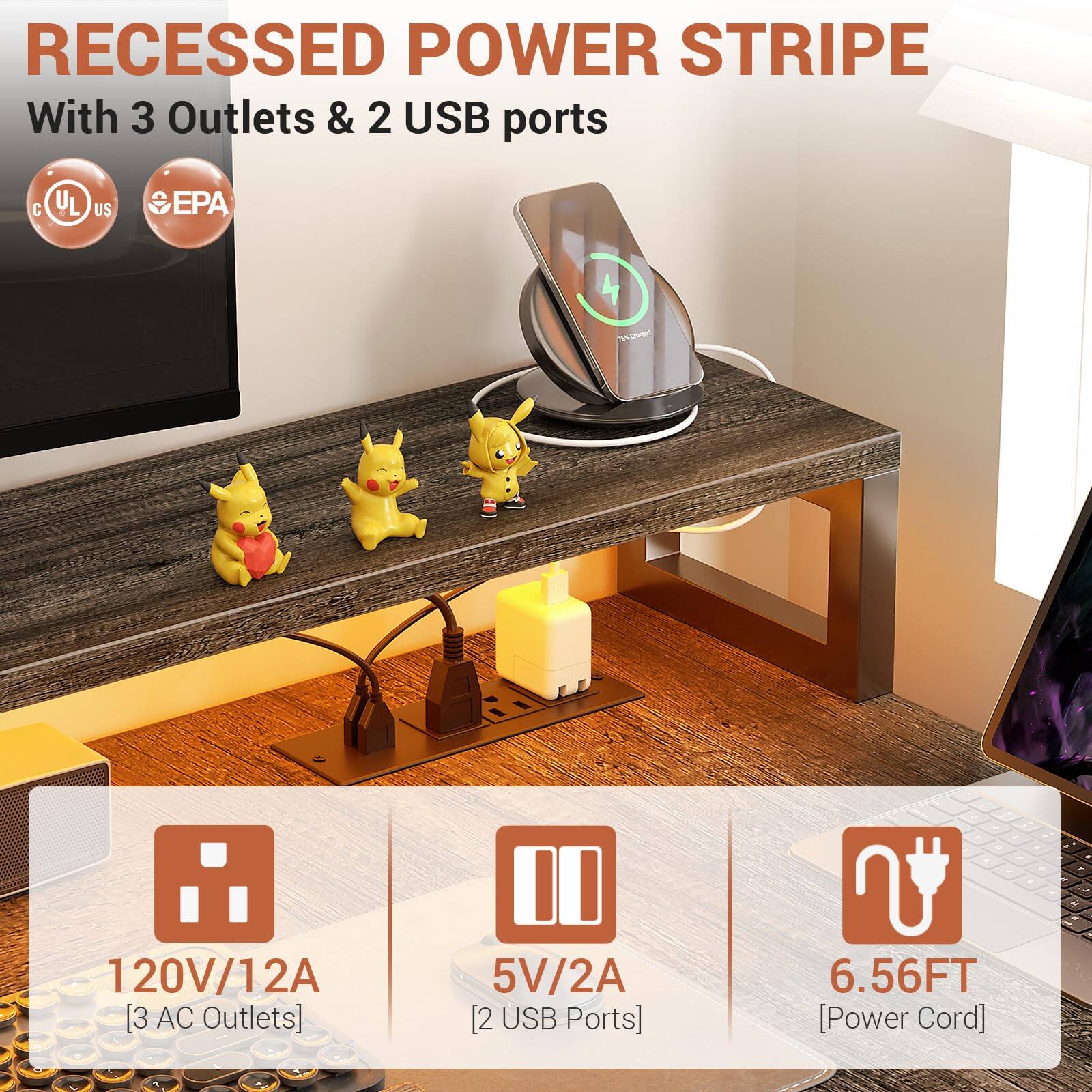 RECESSED POWER STRIPE  
With 3 Outlets & 2 USB ports  

- 120V/12A [3 AC Outlets]  
- 5V/2A [2 USB Ports]  
- 6.56FT [Power Cord]  

C UL US EPA