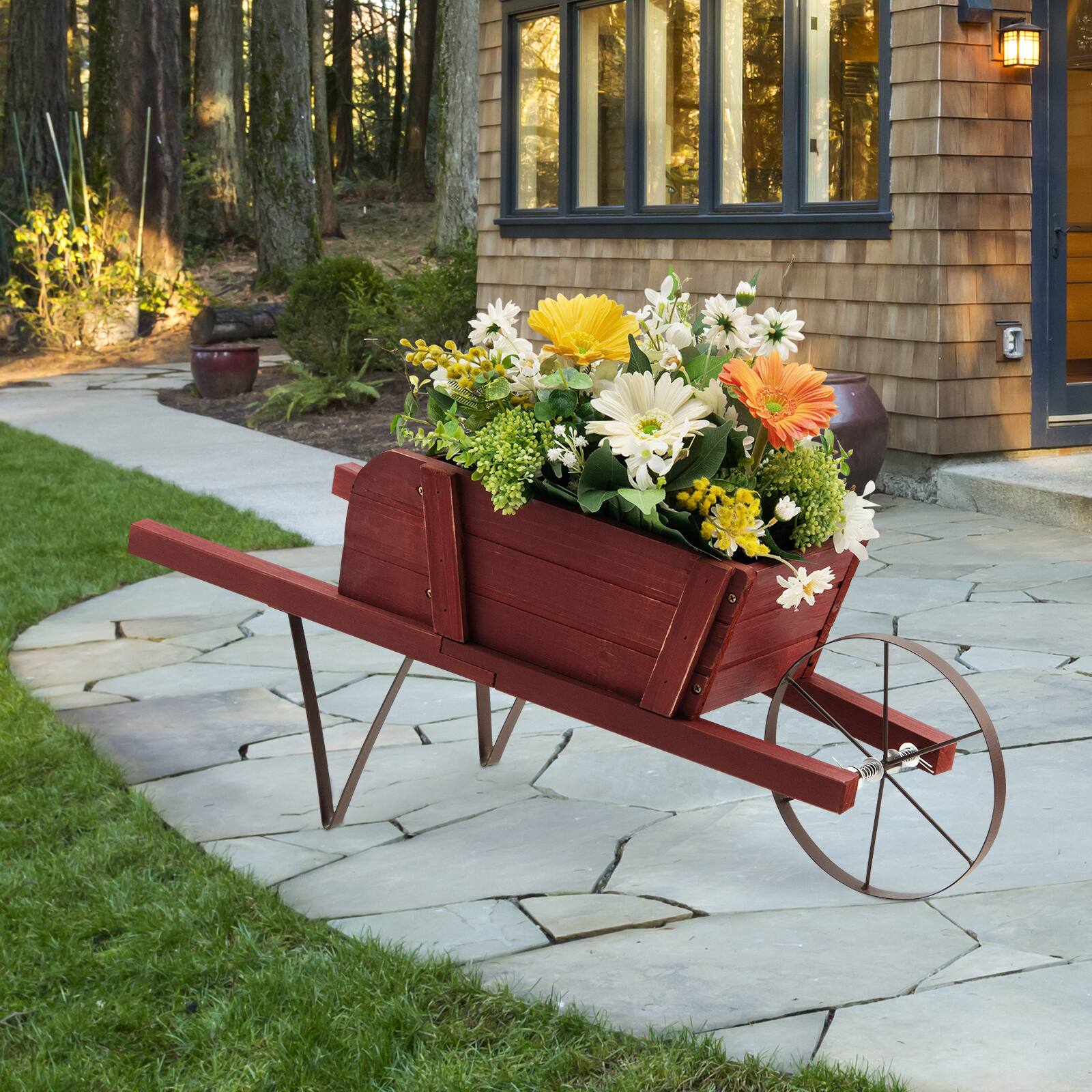 Alt View 1. Costway - Wooden Wagon Planter Decorative Indoor/Outdoor Rustic Flower Cart with Wheel - Red.