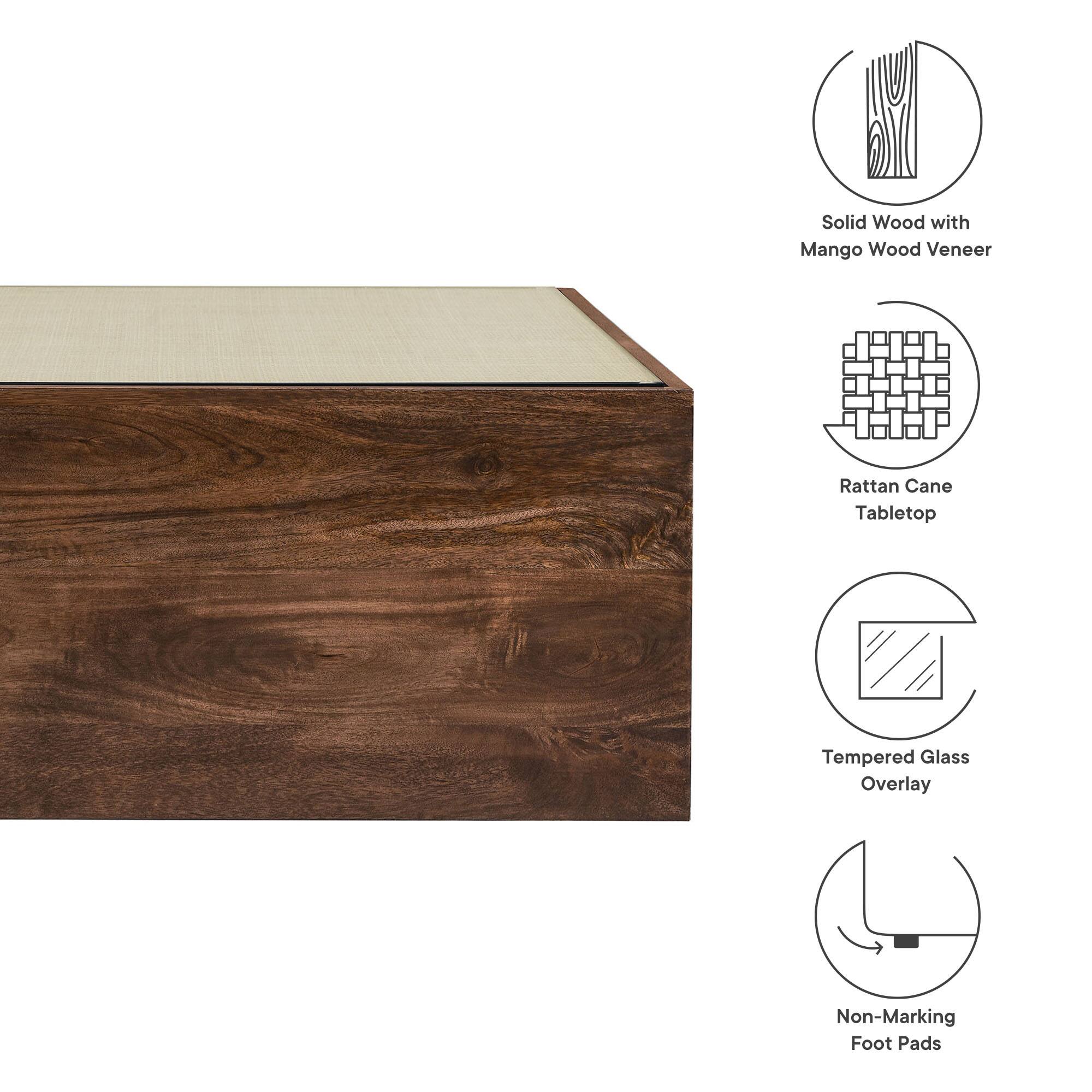 Solid Wood with Mango Wood Veneer  
Rattan Cane Tabletop  
Tempered Glass Overlay  
Non-Marking Foot Pads