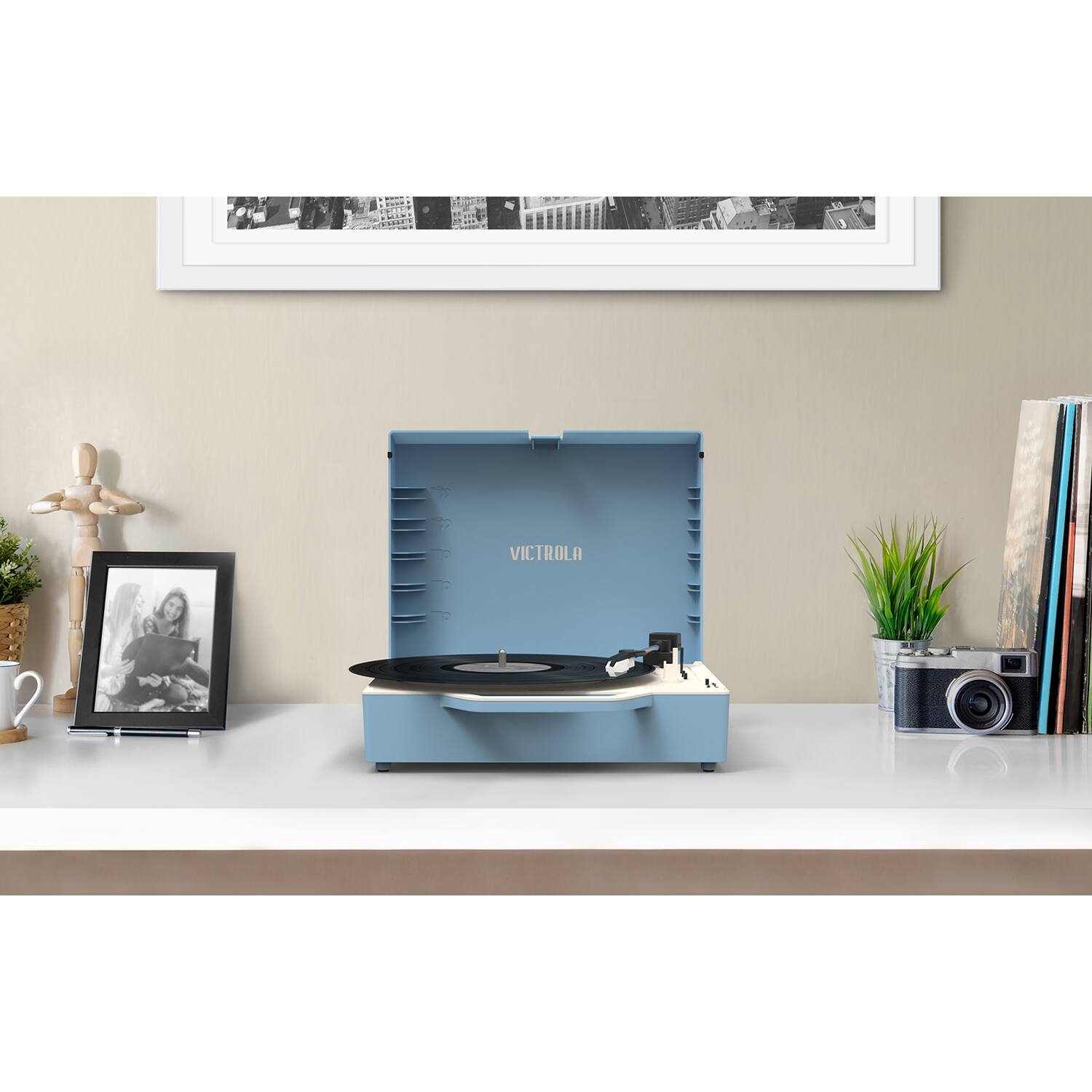 Alt View 26. Victrola - Re-Spin Sustainable Bluetooth Suitcase Record Player - Light Blue.