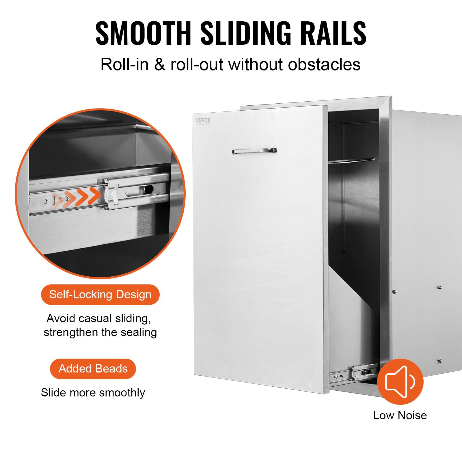 SMOOTH SLIDING RAILS  
Roll-in & roll-out without obstacles  

Self-Locking Design  
Avoid casual sliding, strengthen the sealing  

Added Beads  
Slide more smoothly  

Low Noise
