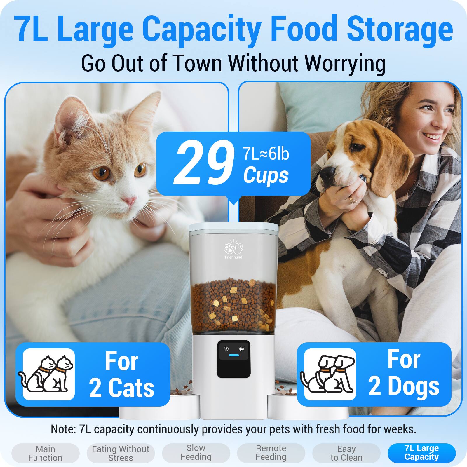 7L Large Capacity Food Storage Go Out of Town Without Worrying

7L = 6lb 29 Cups

For 2 Cats

For 2 Dogs

Note: 7L capacity continuously provides your pets with fresh food for weeks.

Main Function

Eating Without Stress

Slow Feeding

Remote Feeding

Easy to Clean

7L Large Capacity