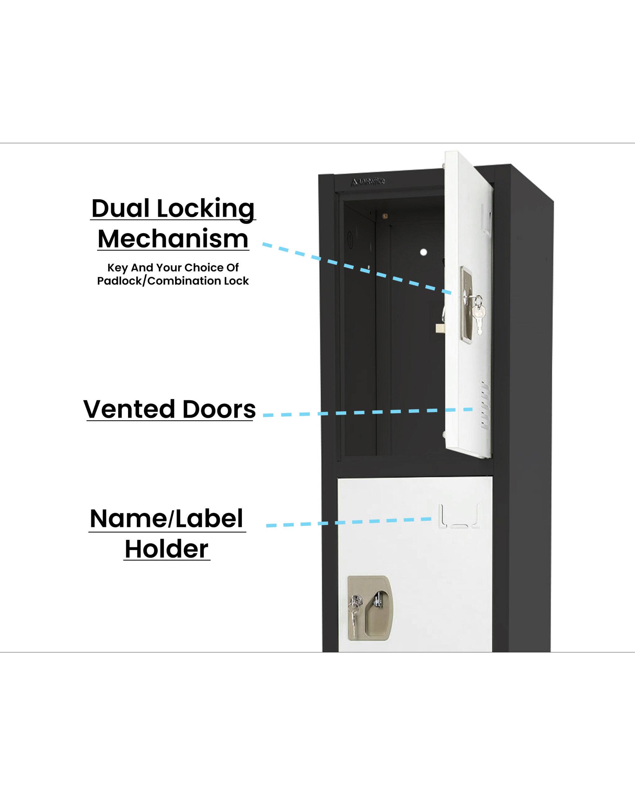 Dual Locking Mechanism Key And Your Choice Of Padlock/Combination Lock Vented Doors Name/Label Holder