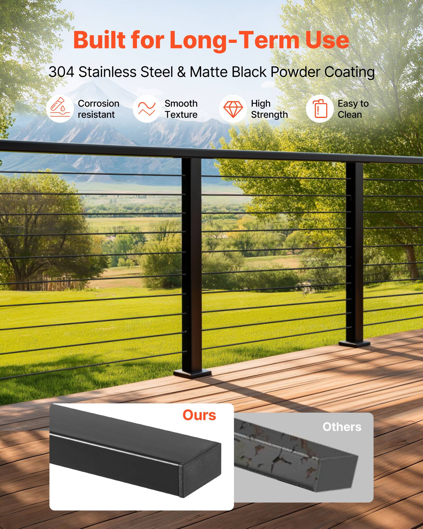 Built for Long-Term Use  
304 Stainless Steel & Matte Black Powder Coating  

- Corrosion resistant  
- Smooth Texture  
- High Strength  
- Easy to Clean  

Ours  
Others