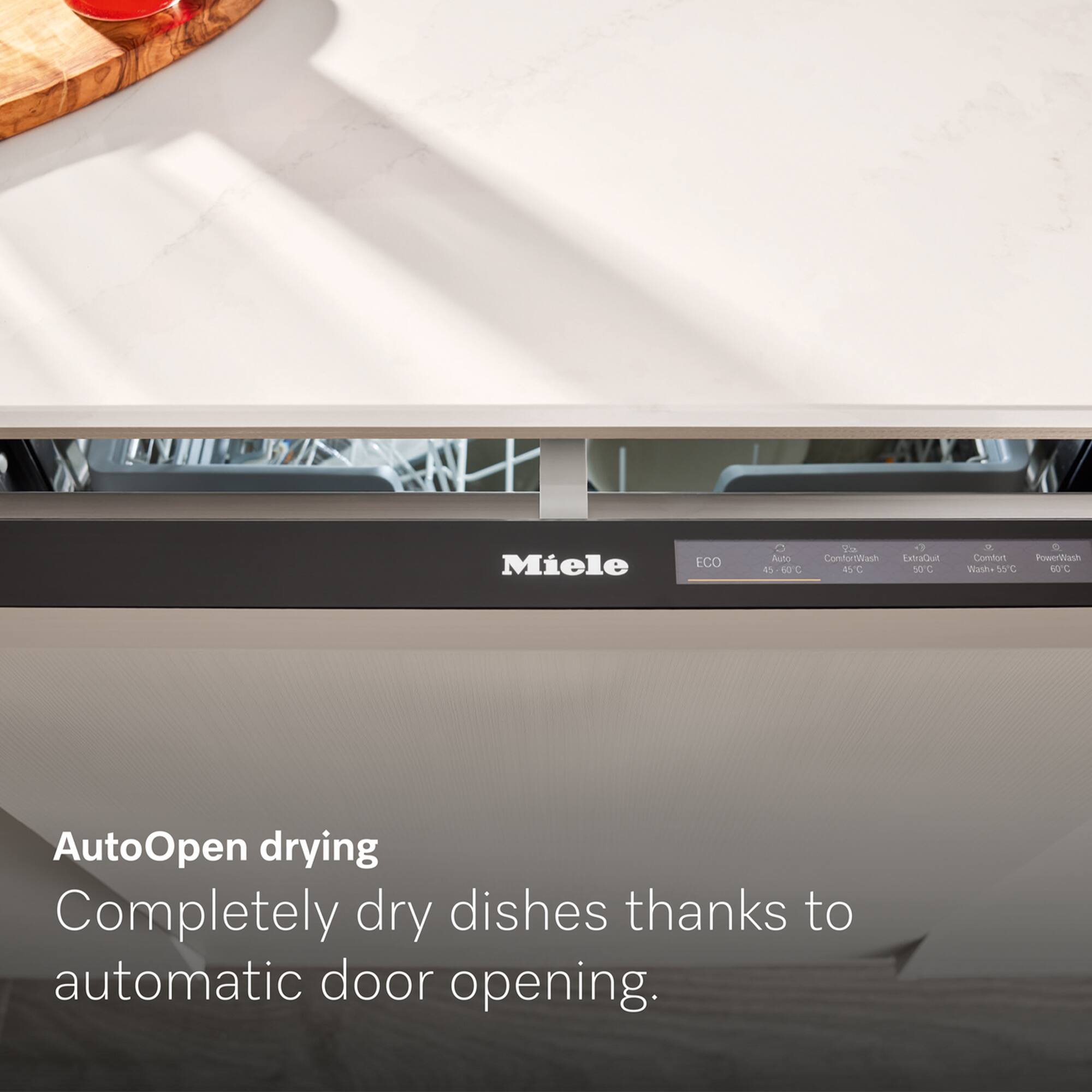 Miele ECO Auto ConforTash LabaCut 4s 4-40C aC 30C C conmuT PowerBonh Bath WC 40C AutoOpen drying Completely dry dishes thanks to automatic door opening.