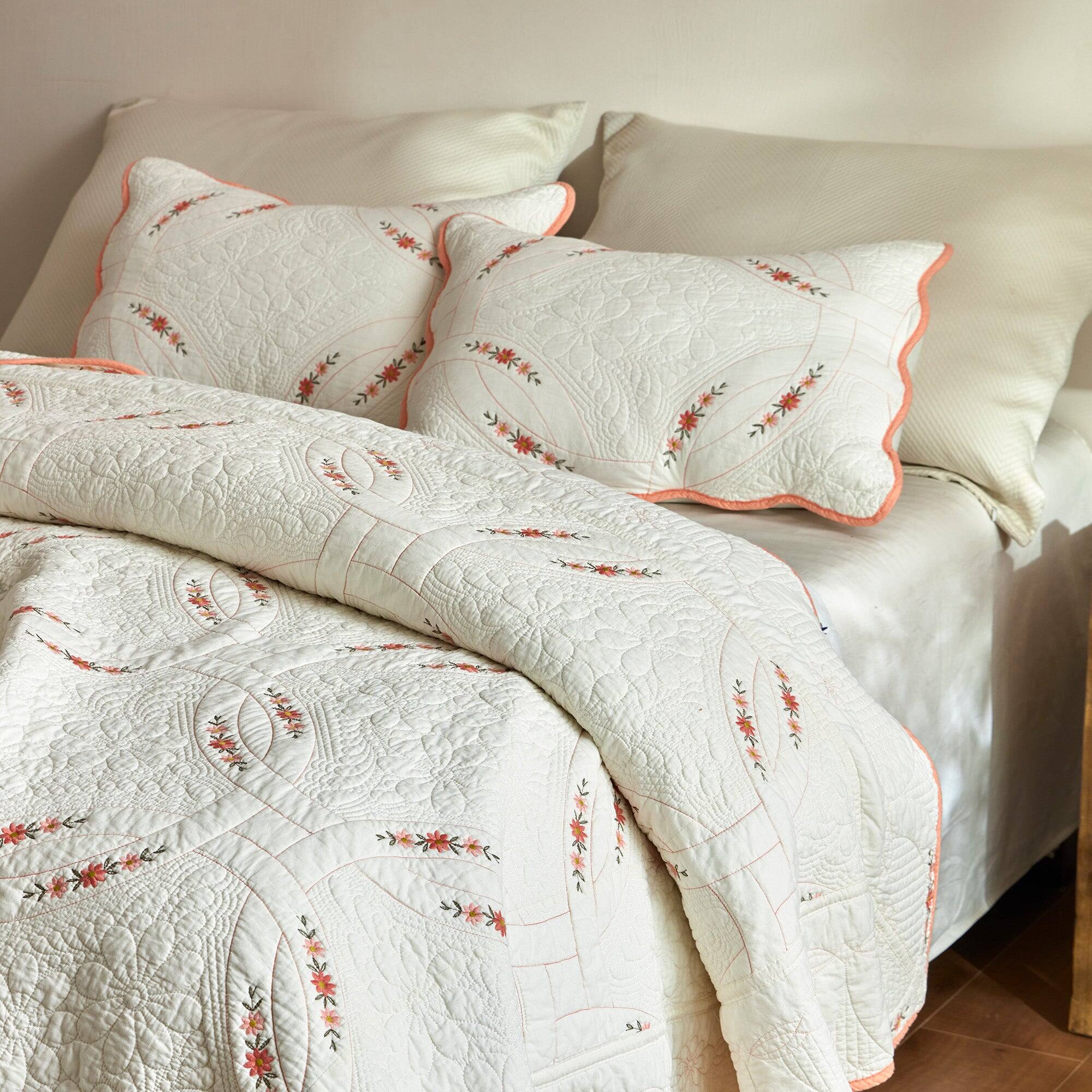 Back. MarCielo - Marcielo 3 Pieces Cotton French Country Quilt Bedspread Set Floral Embroidery - White.