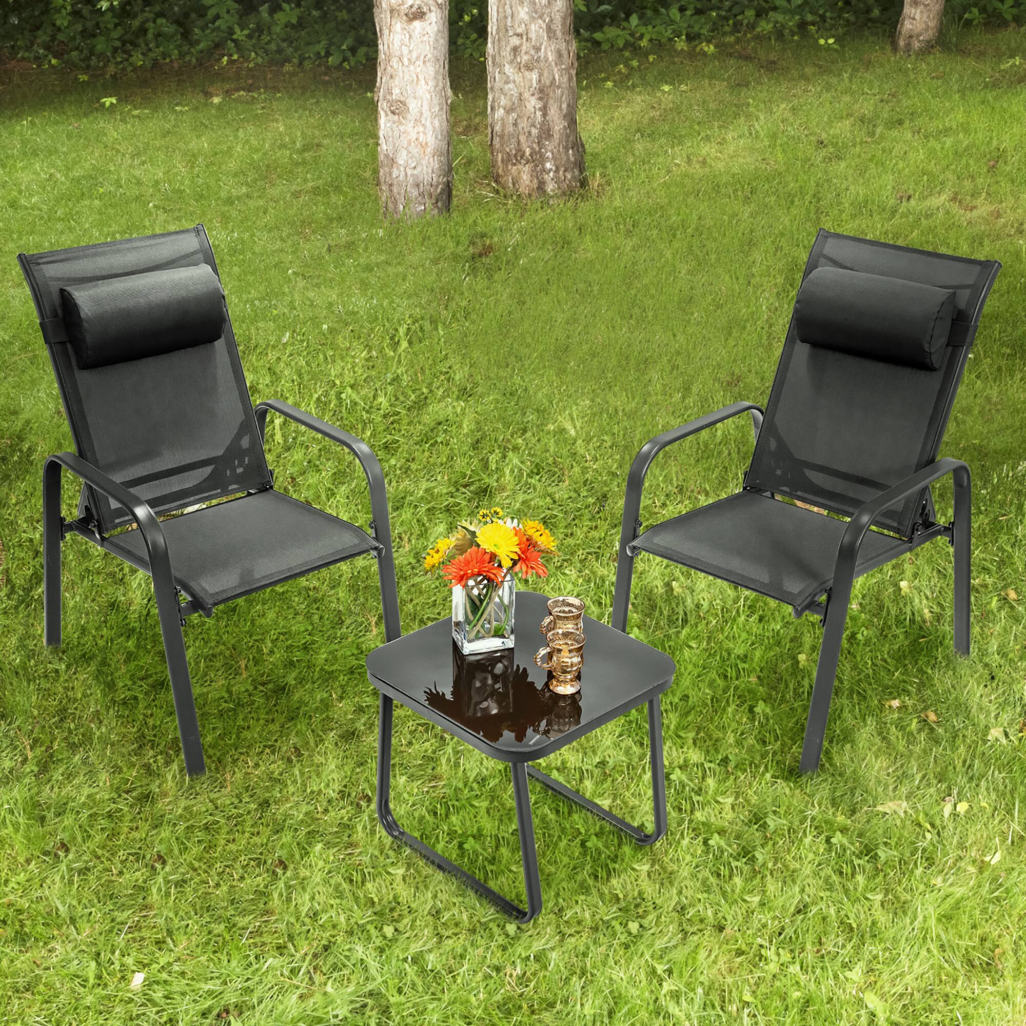 Alt View 1. Costway - Costway 3PCS Patio Bistro Furniture Set Adjustable Back Stackable Chairs - Black.