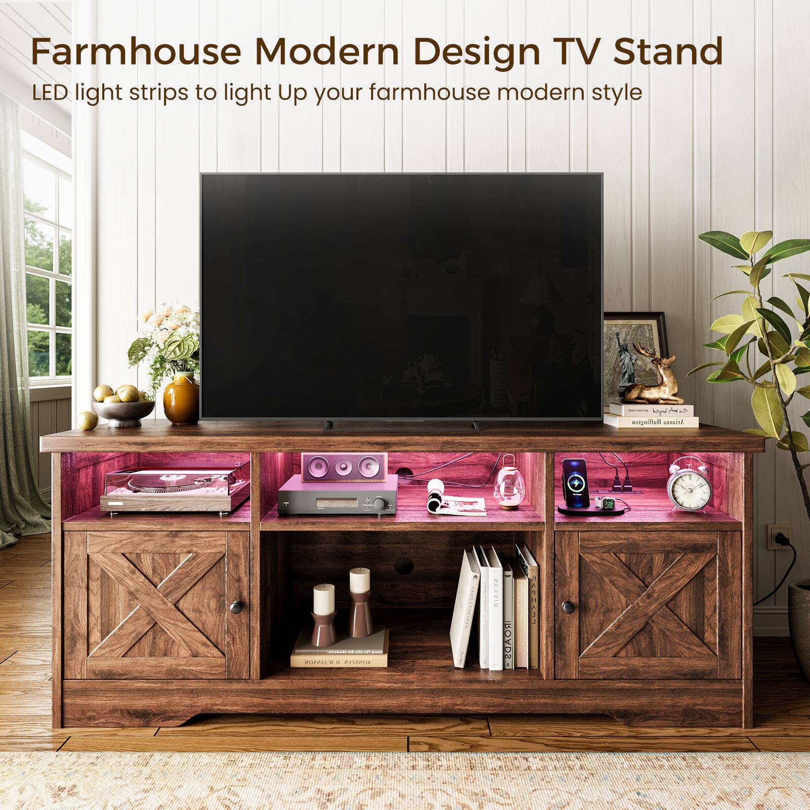 Farmhouse Modern Design TV Stand  
LED light strips to light Up your farmhouse modern style