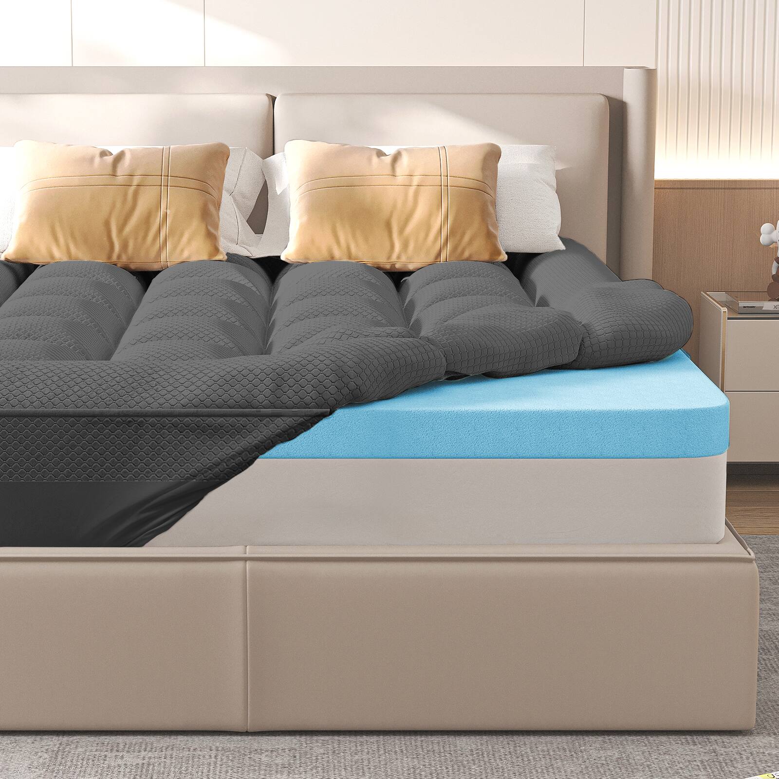 Front. KERDOM - 3" Cooling Gel Memory Foam Mattress Topper, Two Layer Bed Topper Washable Cover, RV Mattress Camping, New Home Gift - Grey.