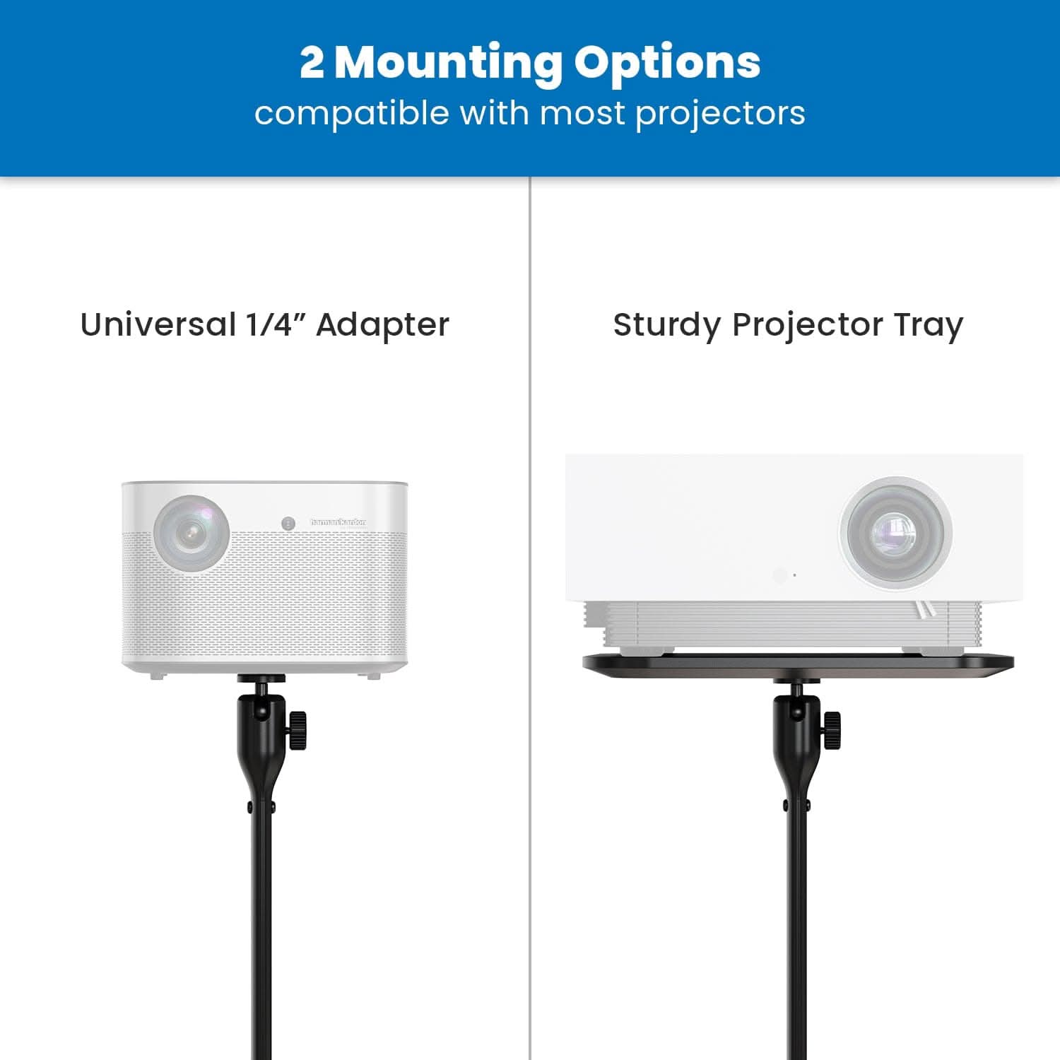 2 Mounting Options  
compatible with most projectors

Universal 1/4" Adapter

Sturdy Projector Tray