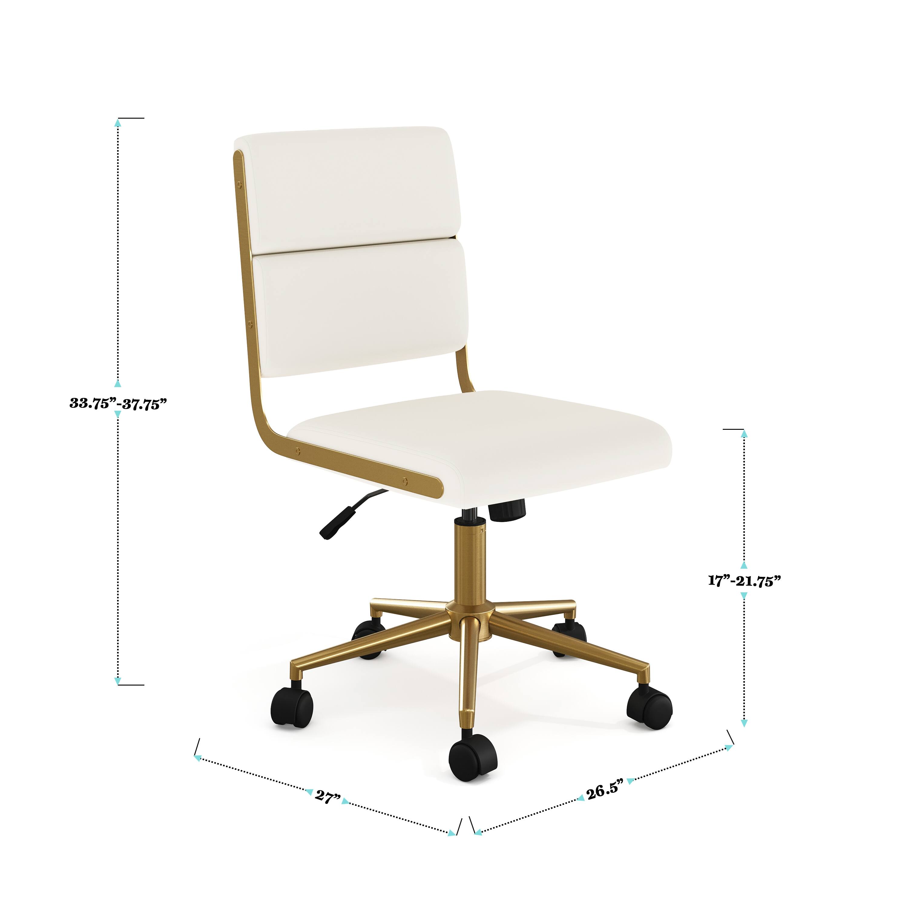 The text on the image reads: 33.75"-37.75" 17"-21.75" 2 27" 26.5". This information is likely related to the dimensions of the chair, such as the height, width, and length. The chair is described as a white and gold chair, and it appears to be a modern design.