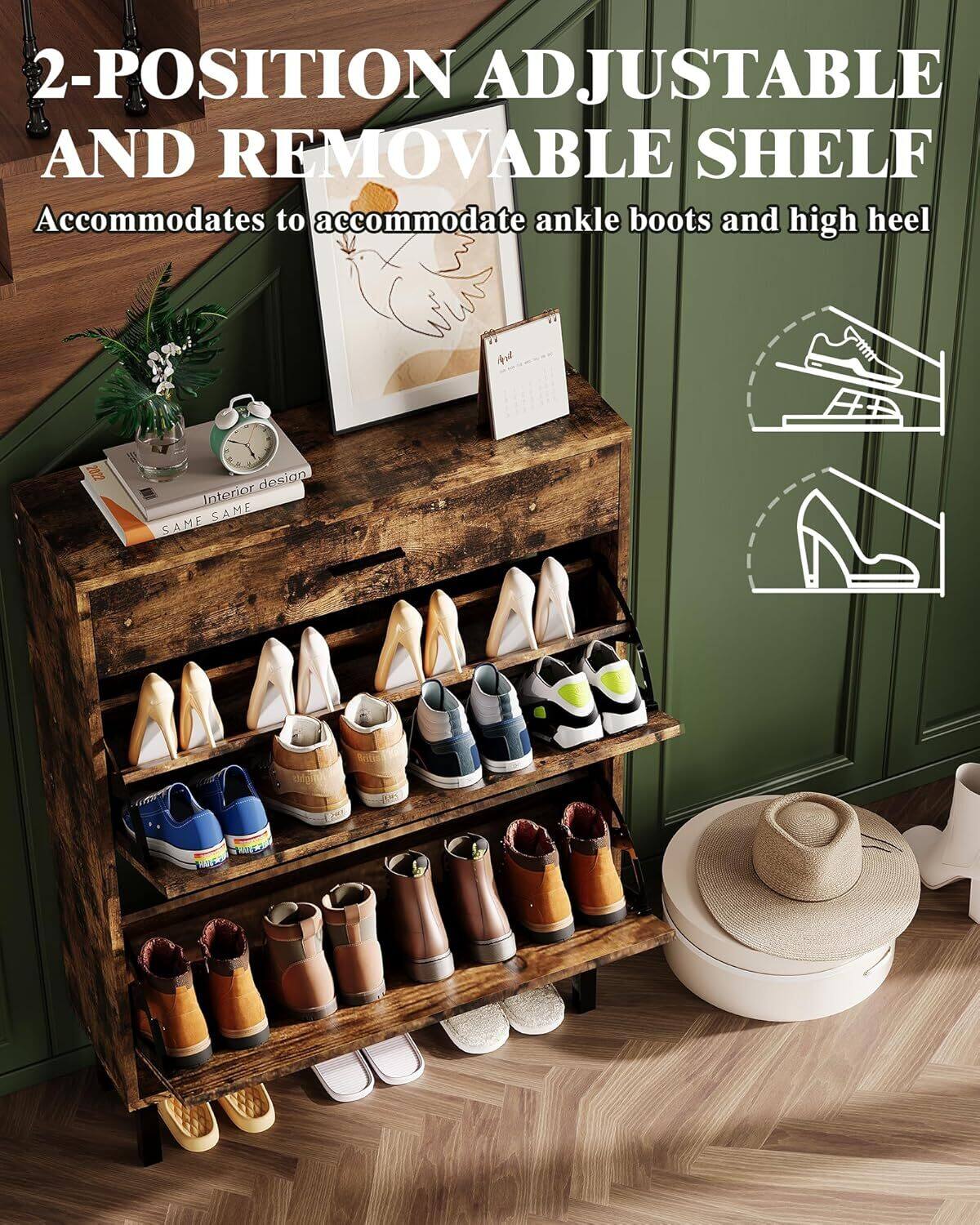 2-POSITION ADJUSTABLE AND REMOVABLE SHELF  
Accommodates to accommodate ankle boots and high heel