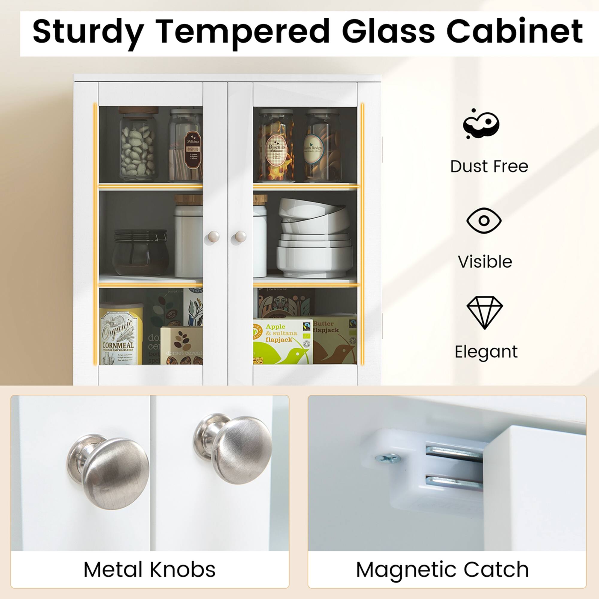 Sturdy Tempered Glass Cabinet - Dust Free Visible Glass Door - Cornmeal, Apple & Sultana Flapjack - Elegant Metal Knobs - Magnetic Catch