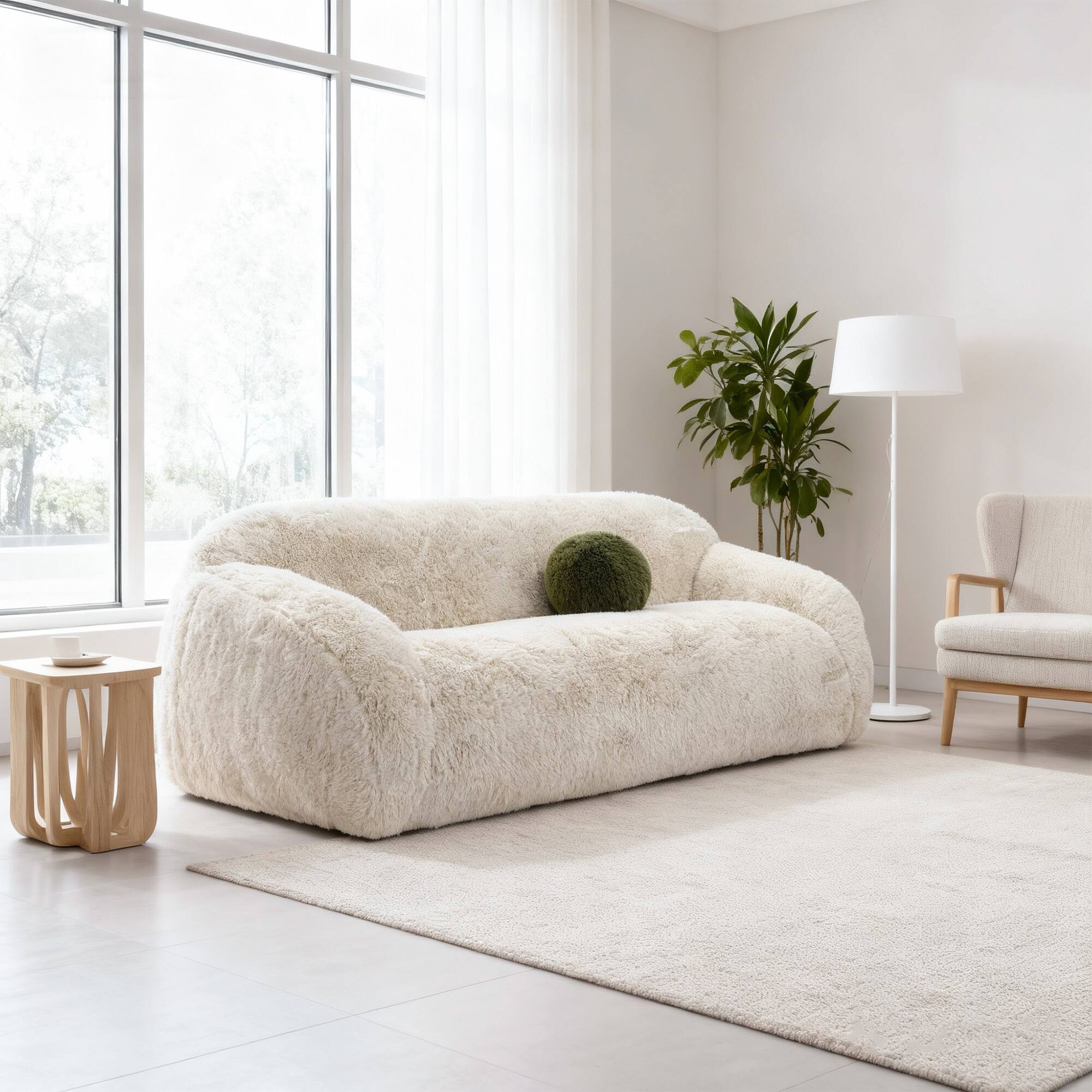 Left. Vaczon - 3-Seater Plush Faux Fur Sofa with Soft Long Pile and Luxurious Comfort for Living Rooms or Apartments - Sand.