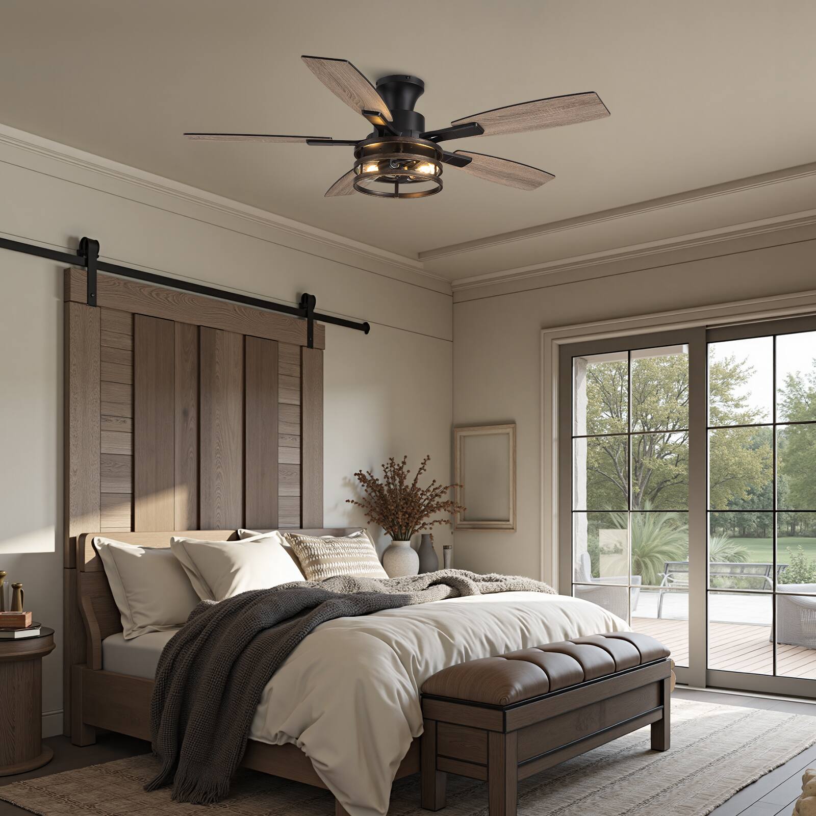 Alt View 2. Siljoy - 52 Inch Farmhouse Flush Mount Ceiling Fan with Light, 5 Reversible Wood Blades  Remote Control for Bedroom Living Room - Brown.