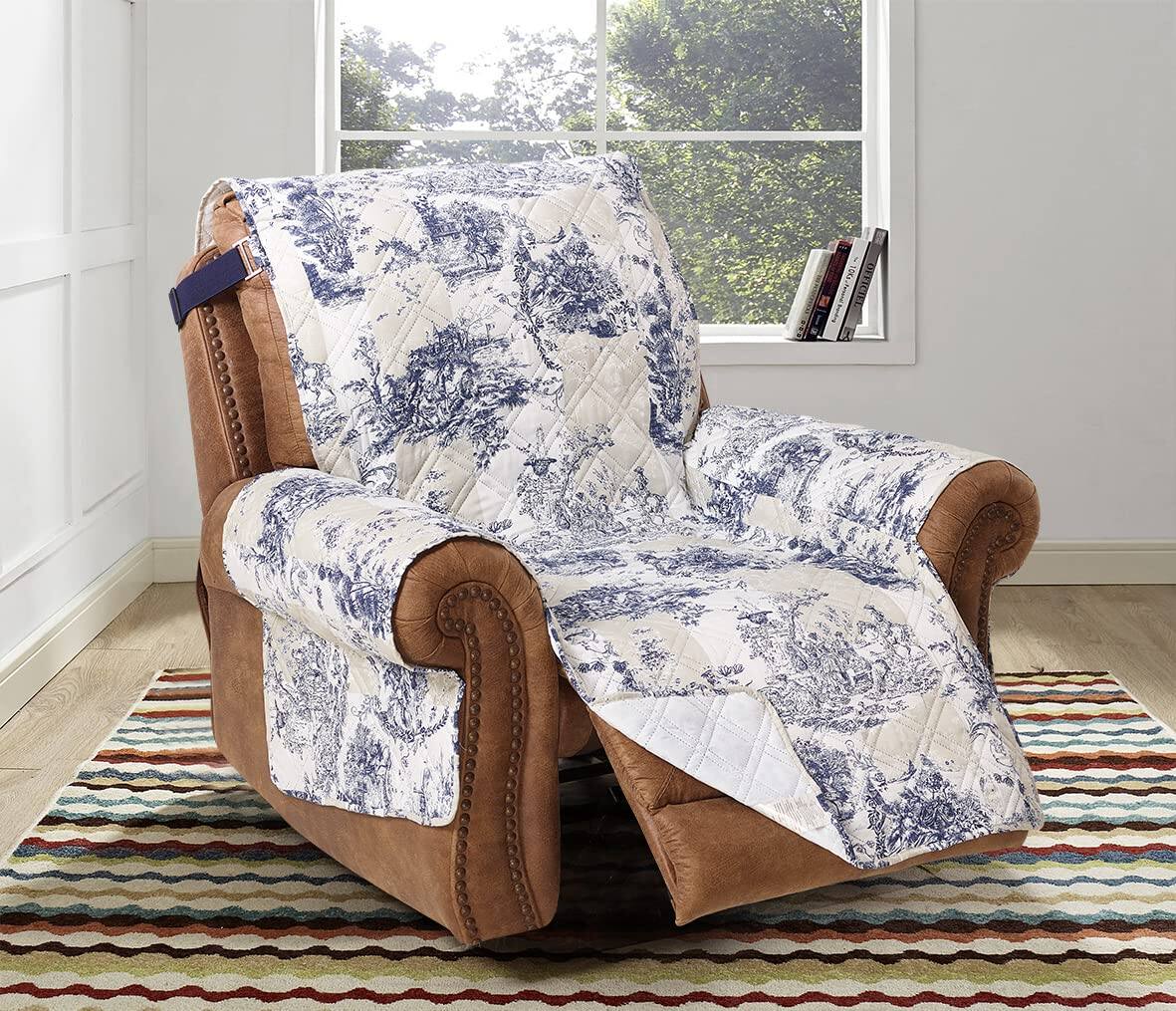 Fabibe - Lilac and Beige Rose Patchwork Quilted Large Recliner Slipcover, 28" Seat Width, Slip Resistant Furniture Protector - Blue Beige 28" Large Recliner