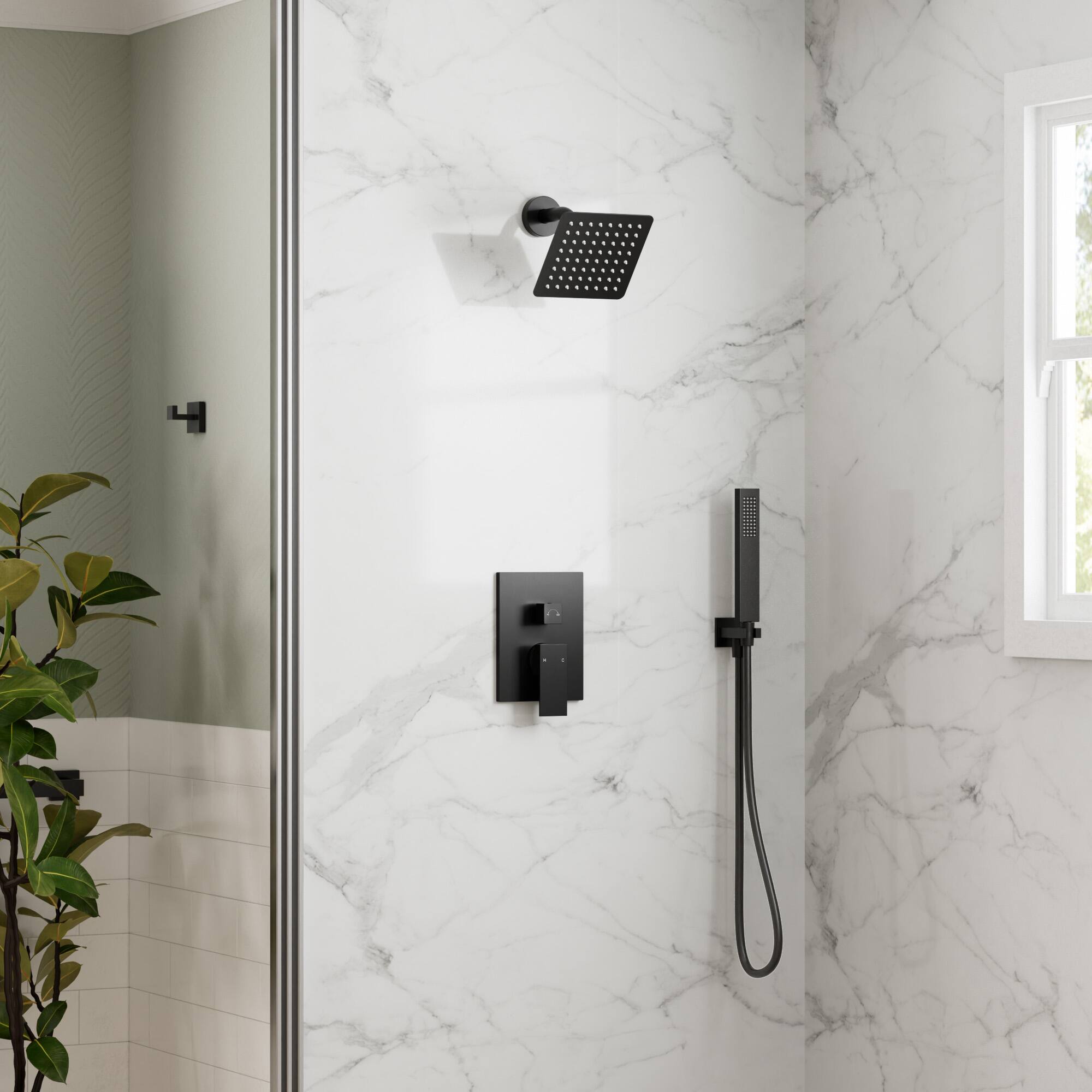 Angle. GRANDJOY - 10" Rain Shower System with Handheld Shower Head and Single Handle Mixer Valve - Matte Black.