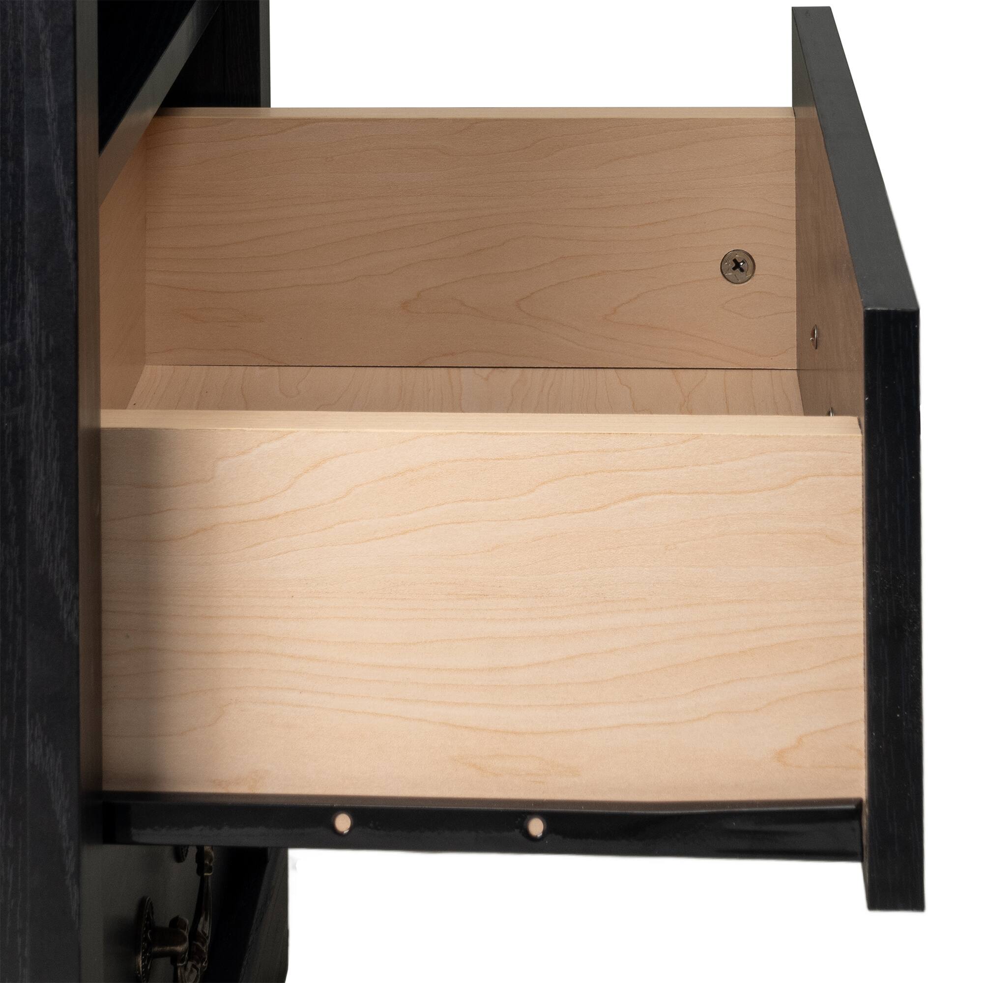 Alt View 4. Vaczon - Rustic Black Nightstand Bedside Table with Open Shelf and 2 Drawers - Black.