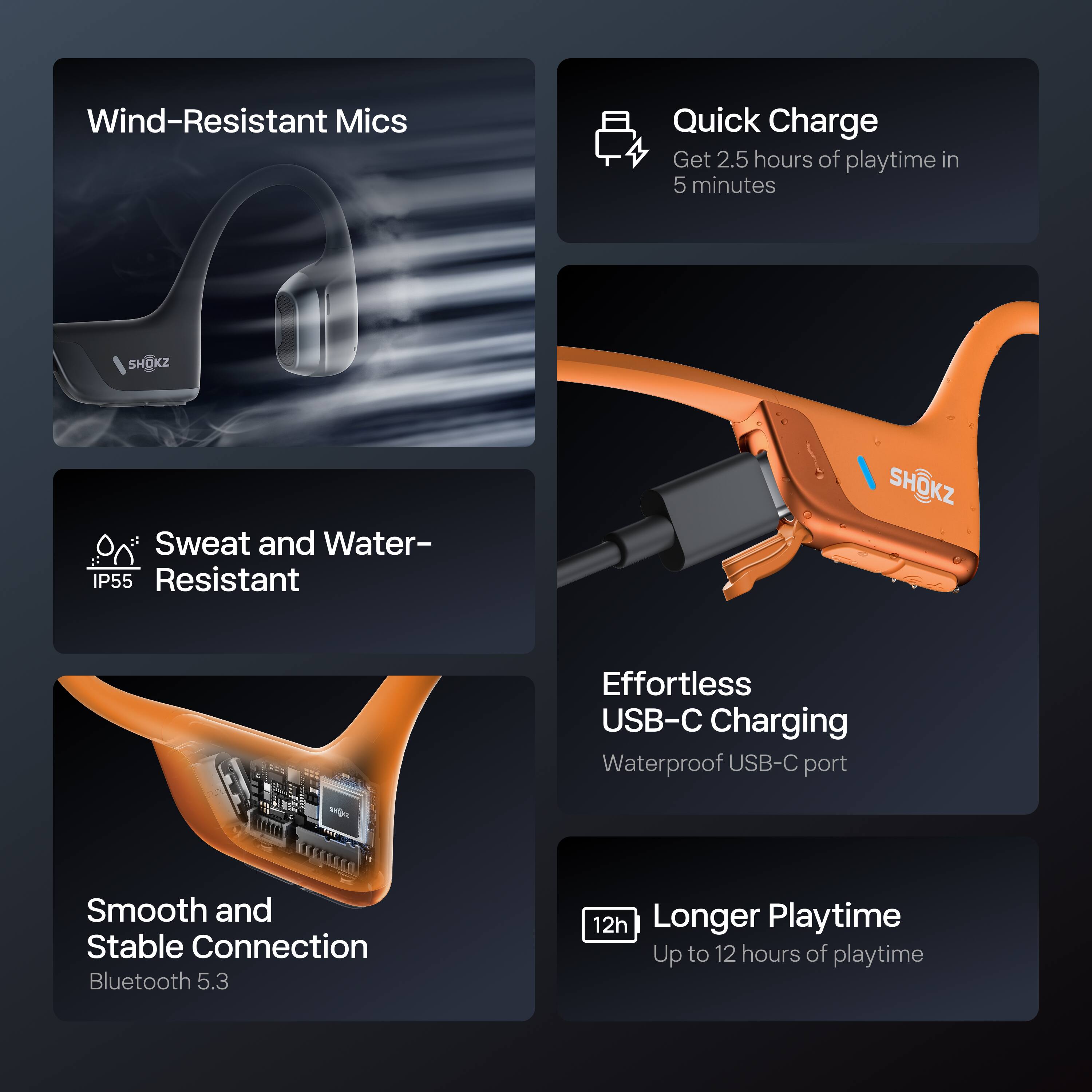 - Wind-Resistant Mics
- Quick Charge: Get 2.5 hours of playtime in 5 minutes
- Sweat and Water-Resistant (IP55)
- Effortless USB-C Charging: Waterproof USB-C port
- Smooth and Stable Connection: Bluetooth 5.3
- Longer Playtime: Up to 12 hours of playtime