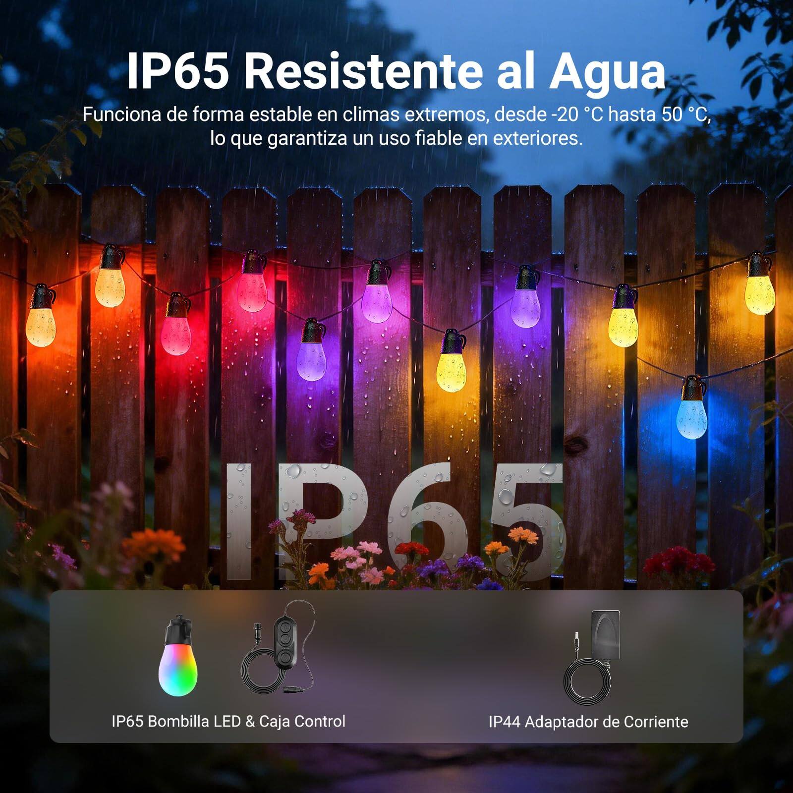 IP65 Resistente al Agua

Funciona de forma estable en climas extremos, desde -20 °C hasta 50 °C, lo que garantiza un uso fiable en exteriores.

IP65 Bombilla LED & Caja Control

IP44 Adaptador de Corriente
