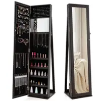 Costway - Mirrored Jewelry Cabinet Armoire Lockable Standing Storage Organizer with Shelf - Dark Brown - Front_Zoom