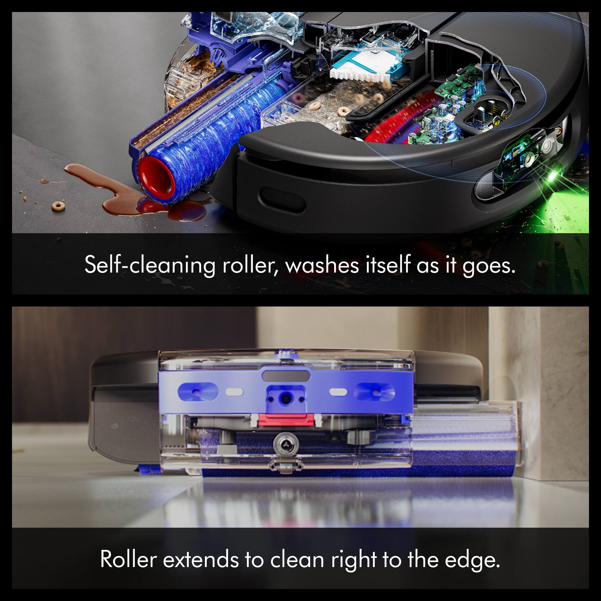 Self-cleaning roller, washes itself as it goes.  
Roller extends to clean right to the edge.