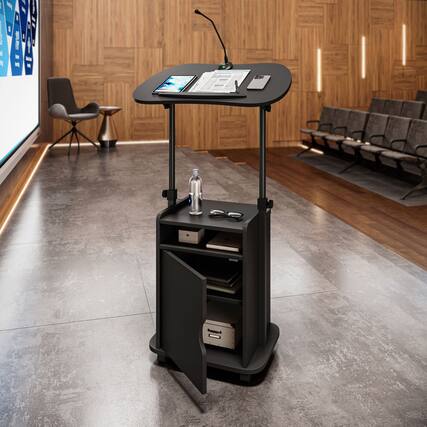 Front. GOODSILO - Adjustable Sit-to-Stand Rolling Laptop Cart with Concealed Storage and Mobile Workstation Design - Black.