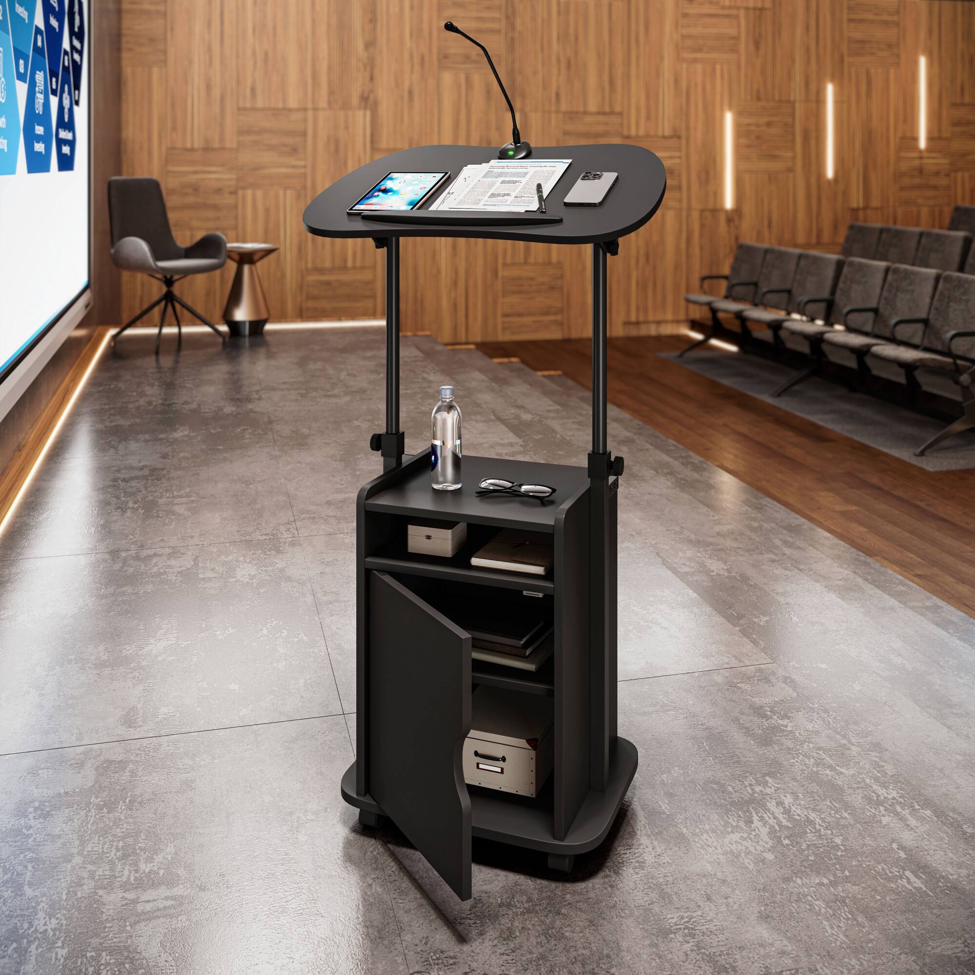 Front. GOODSILO - Adjustable Sit-to-Stand Rolling Laptop Cart with Concealed Storage and Mobile Workstation Design - Black.