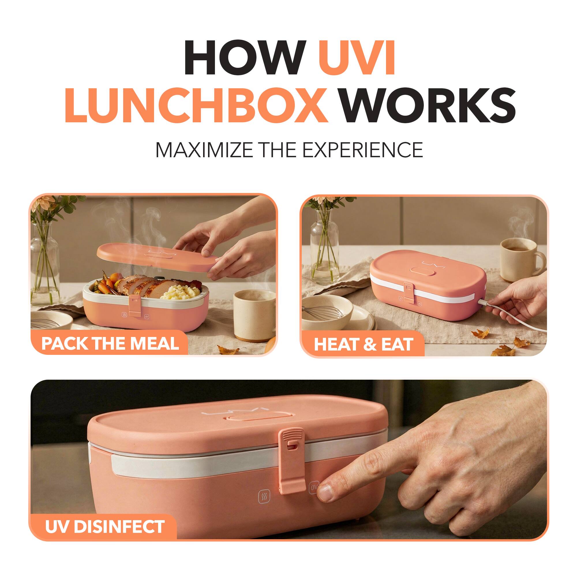 HOW UVI LUNCHBOX WORKS  
MAXIMIZE THE EXPERIENCE  

PACK THE MEAL  
HEAT & EAT  
UV DISINFECT