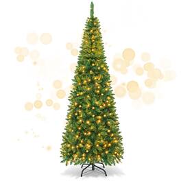 Gymax - 7.5ft Pre-Lit Pencil Christmas Tree Traditional Indoor Decoration - Green