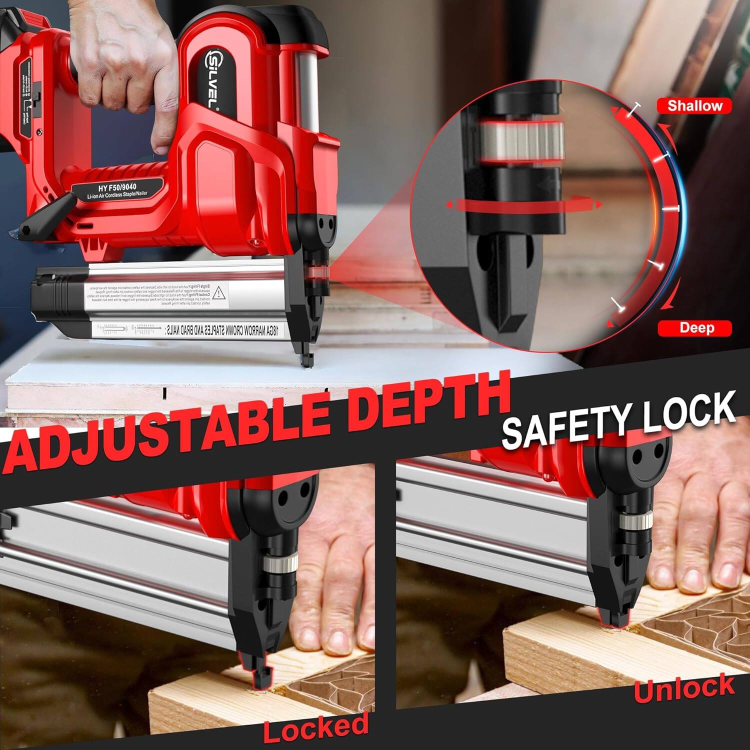 1 iLVEL Shallow NY F58/9040 .  A Cerdese nohing_to_  MALS CARE AND  STAP NORO WORRAN 18GA Deep ADJUSTABLE DEPTH SAFETY LOCK Locked Unlock