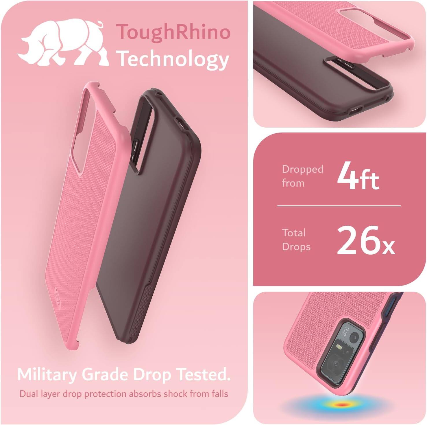 ToughRhino Technology

Dropped from 4ft  
Total Drops 26x

Military Grade Drop Tested.  
Dual layer drop protection absorbs shock from falls