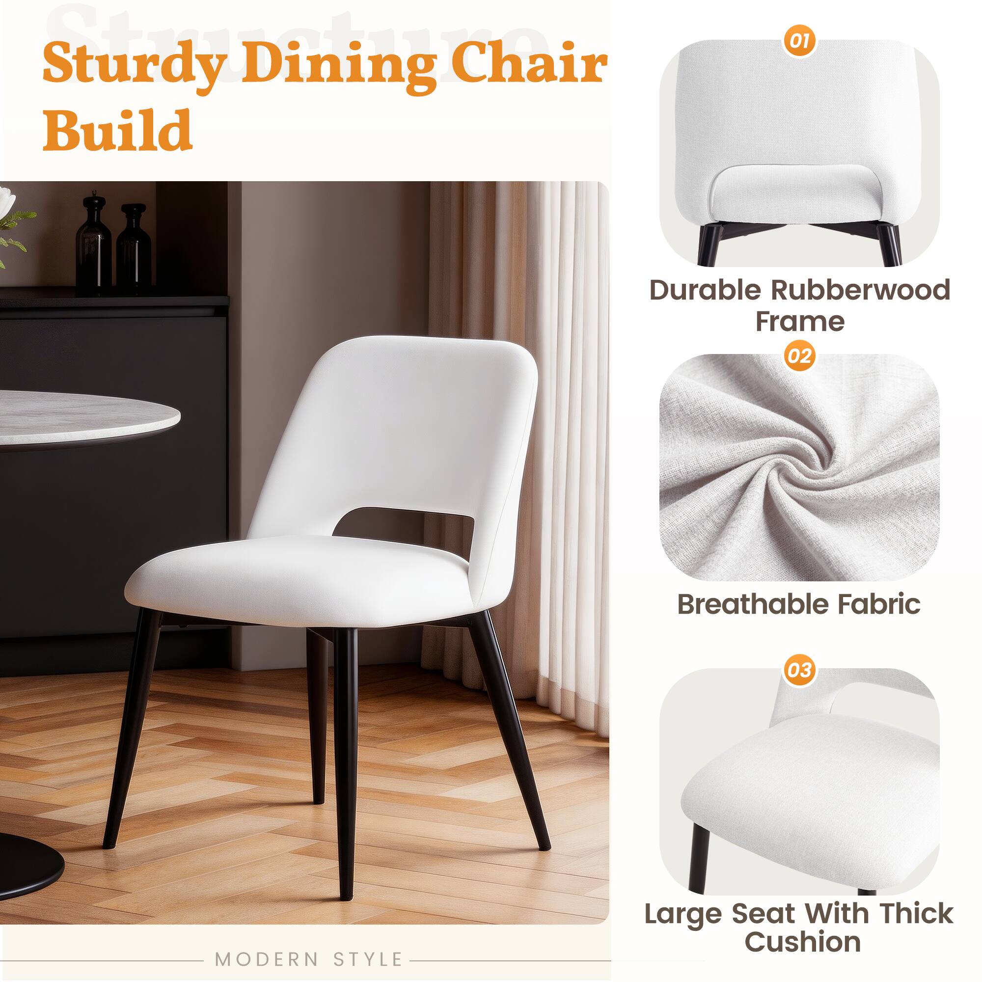 Sturdy Dining Chair Build

01 Durable Rubberwood Frame  
02 Breathable Fabric  
03 Large Seat With Thick Cushion  

MODERN STYLE