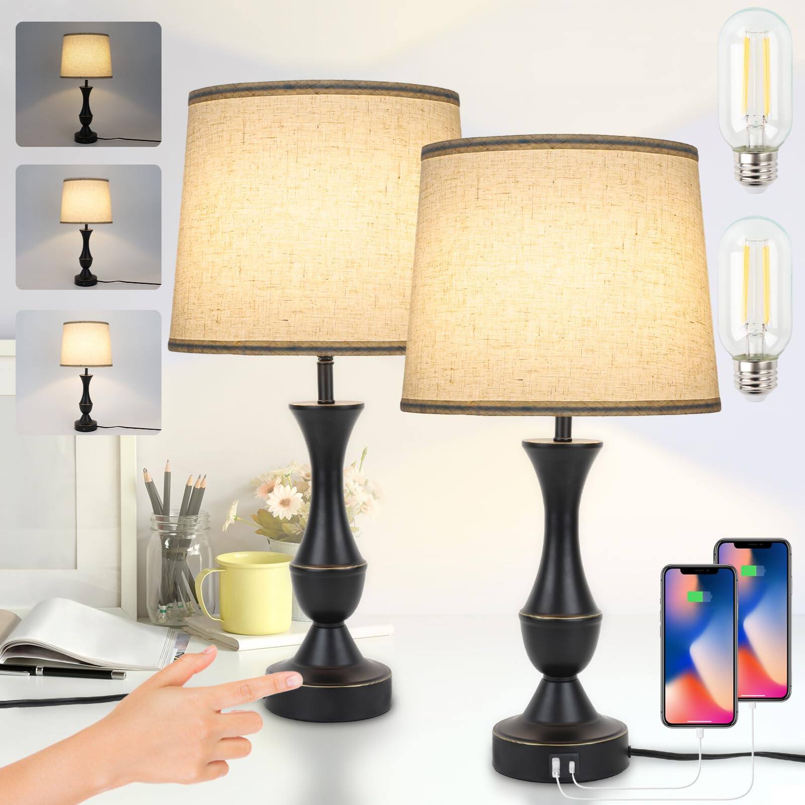 Reds Spade - Farmhouse Table Lamp Touch Control Way Dimmable Table Lamp Modern Nightstand Lamp USB Port Bedside Desk - Pack 2-Beige Shade & Antique Black